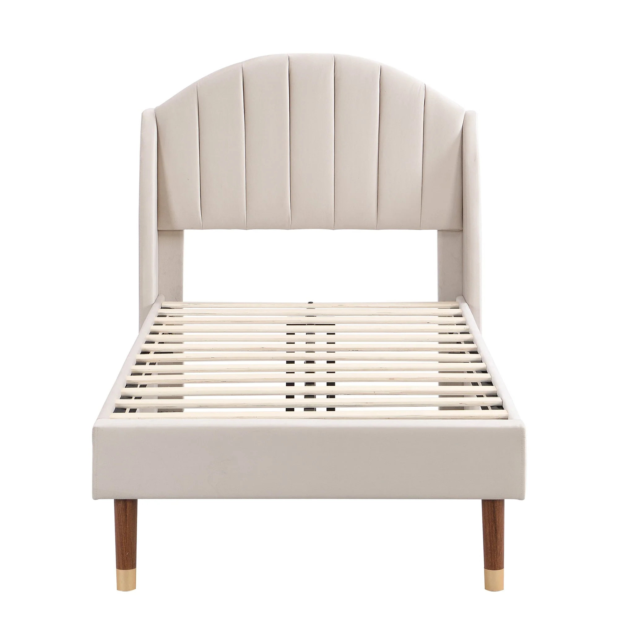 Upholstered Single Bed 90x200cm with Slatted Base Headboard Easy Assembly Velvet Beige - Image 6