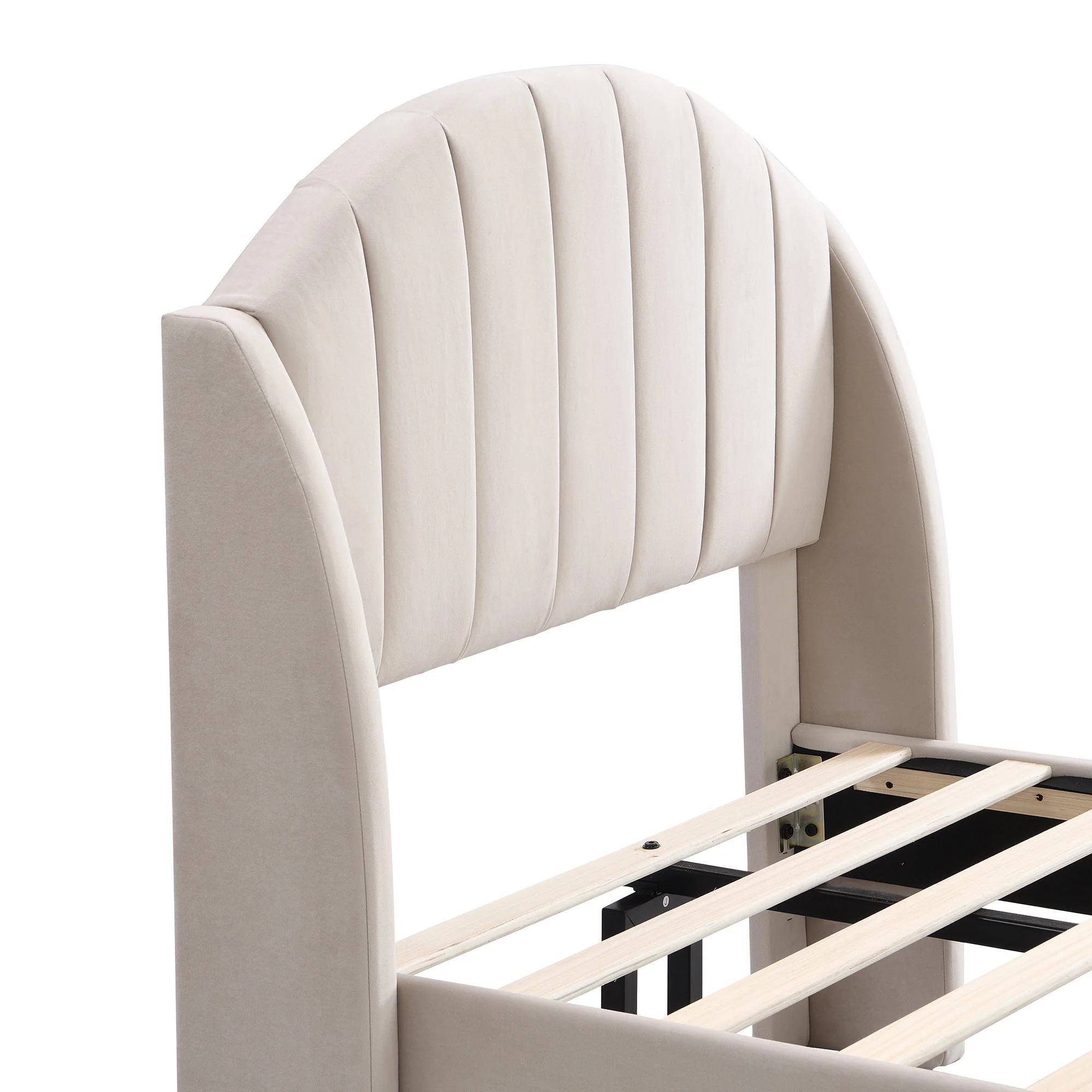 Upholstered Single Bed 90x200cm with Slatted Base Headboard Easy Assembly Velvet Beige - Image 8
