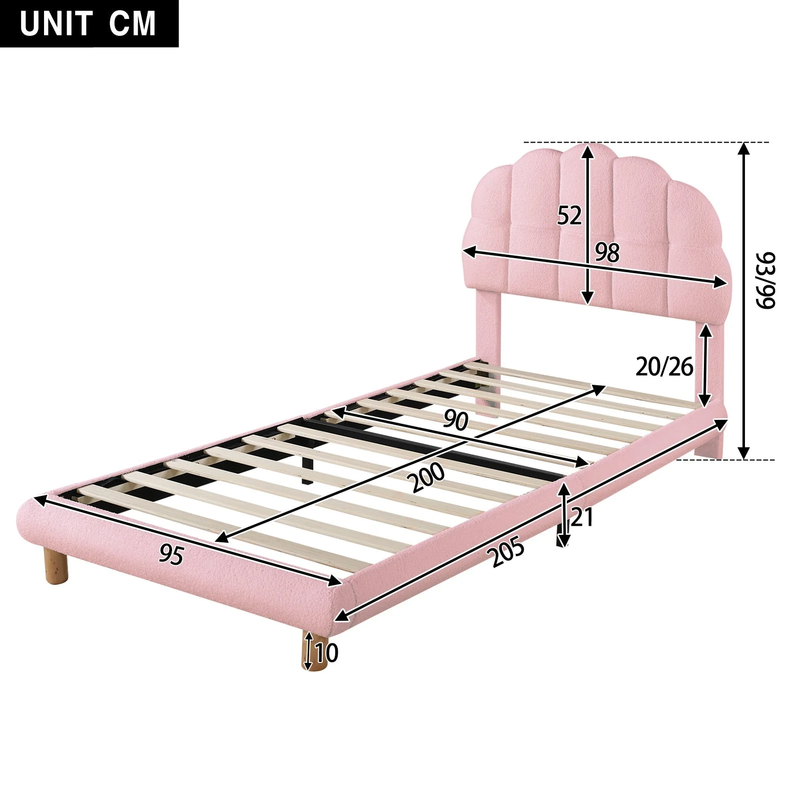 Upholstered Single Bed 90x200cm Wooden Slatted Frame - Imitation Fleece Pink - Image 5