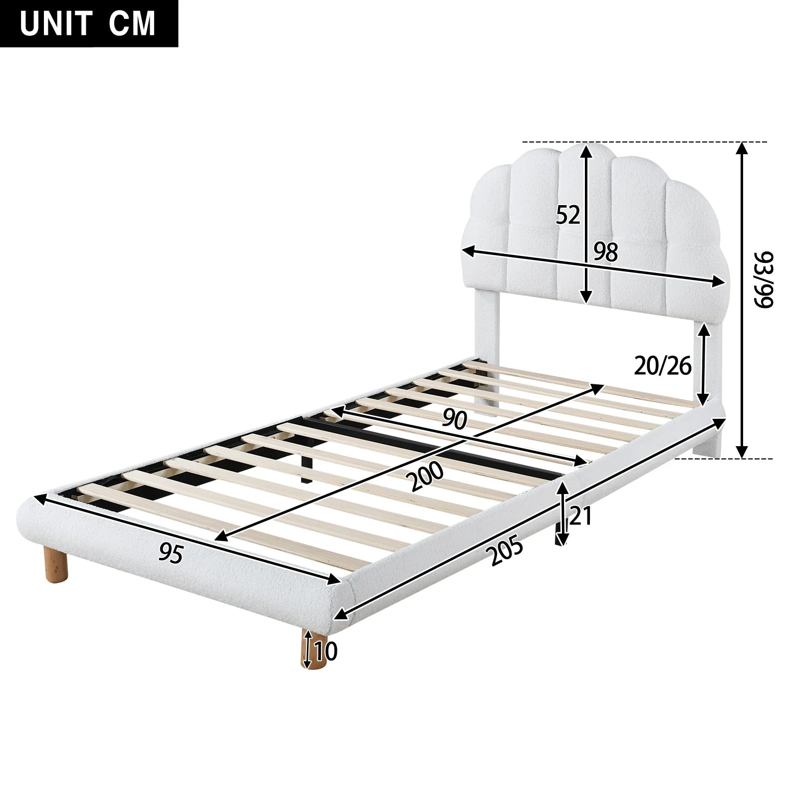 Upholstered Single Bed 90x200cm Wooden Slatted Frame Imitation Fleece White - Image 5