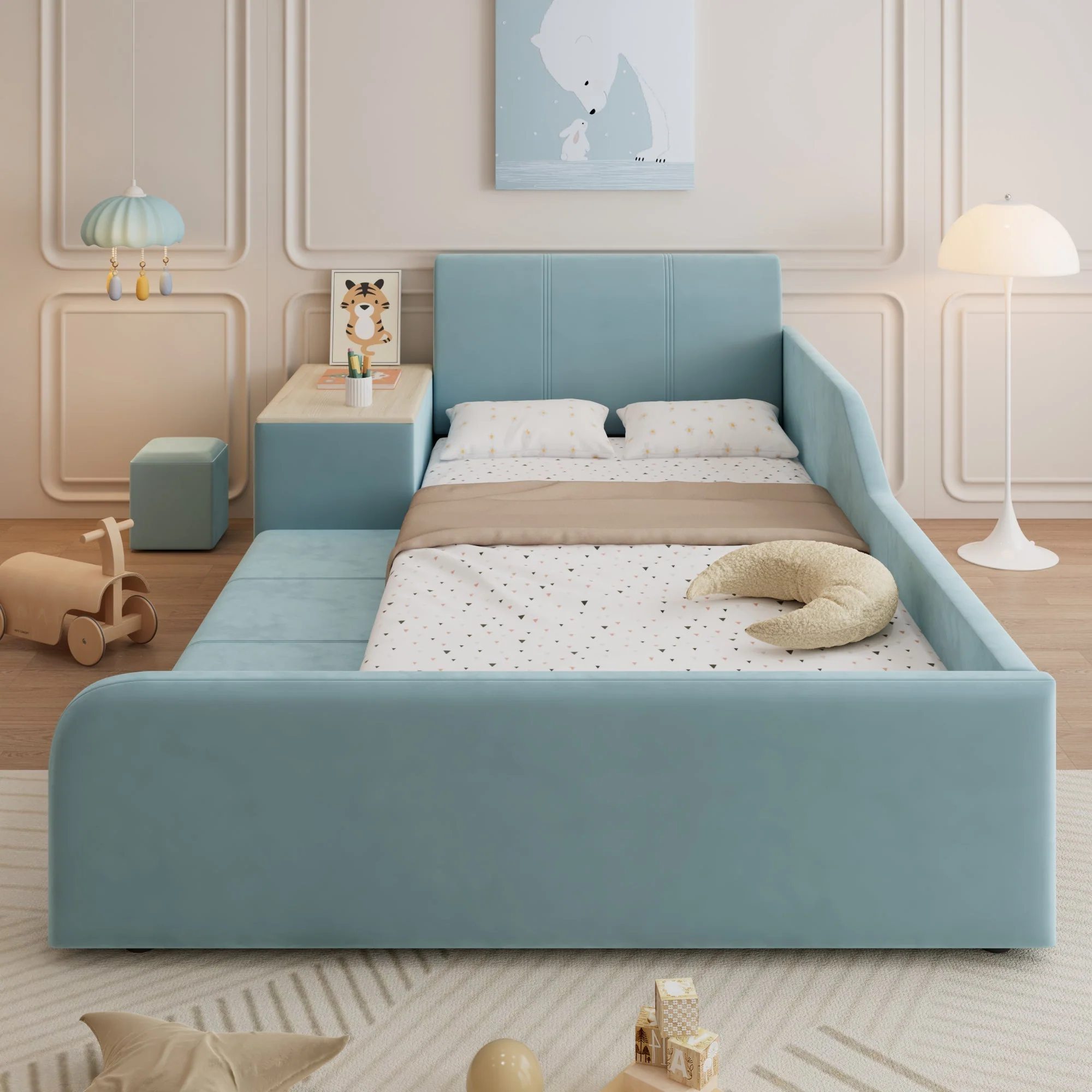 Upholstered Single Bed, Desk Stool Storage Headboard 90x200cm, Blue Velvet - Image 3