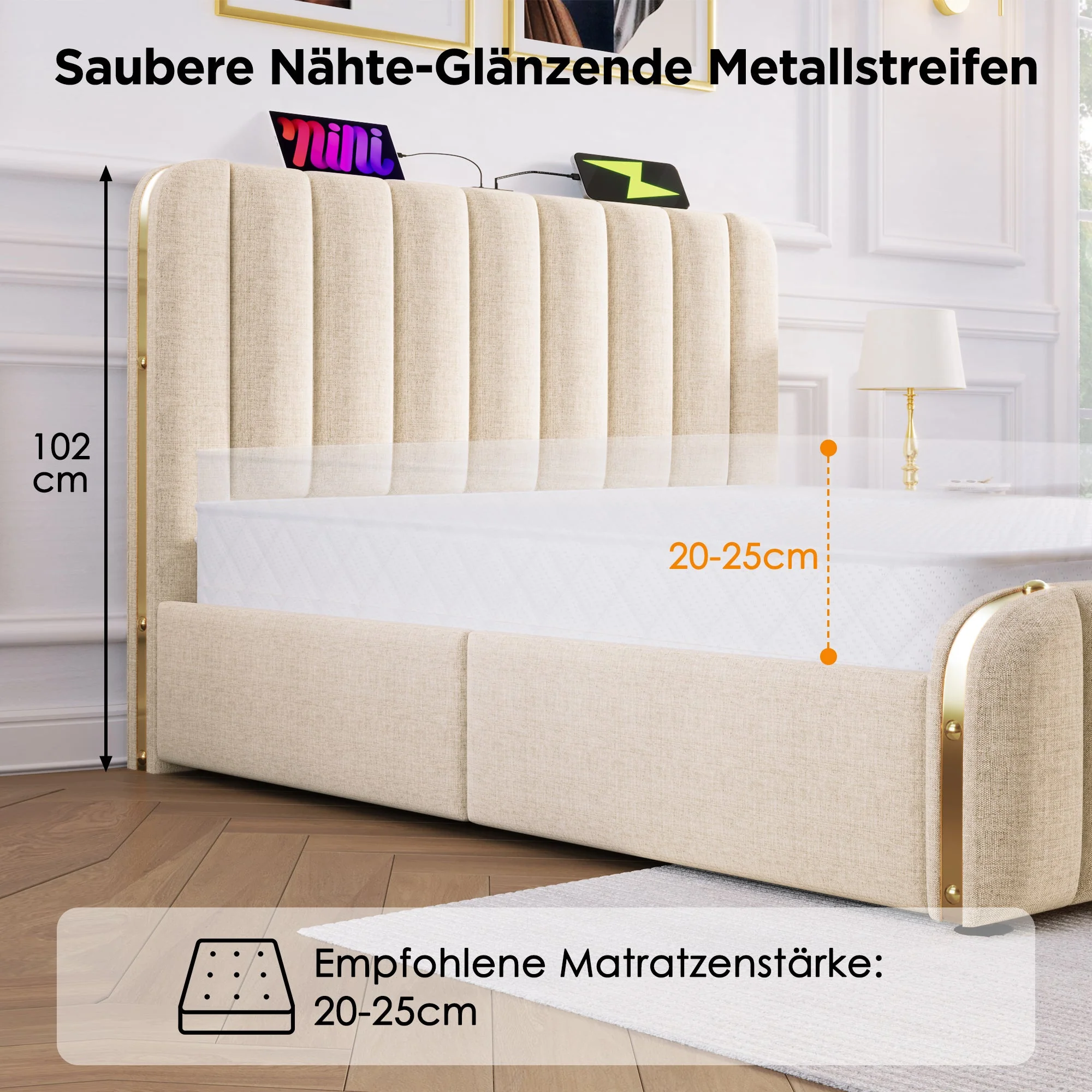 Upholstered Single Bed, Headboard with USB-C Charging, 4 Drawers, Beige Linen - Image 7