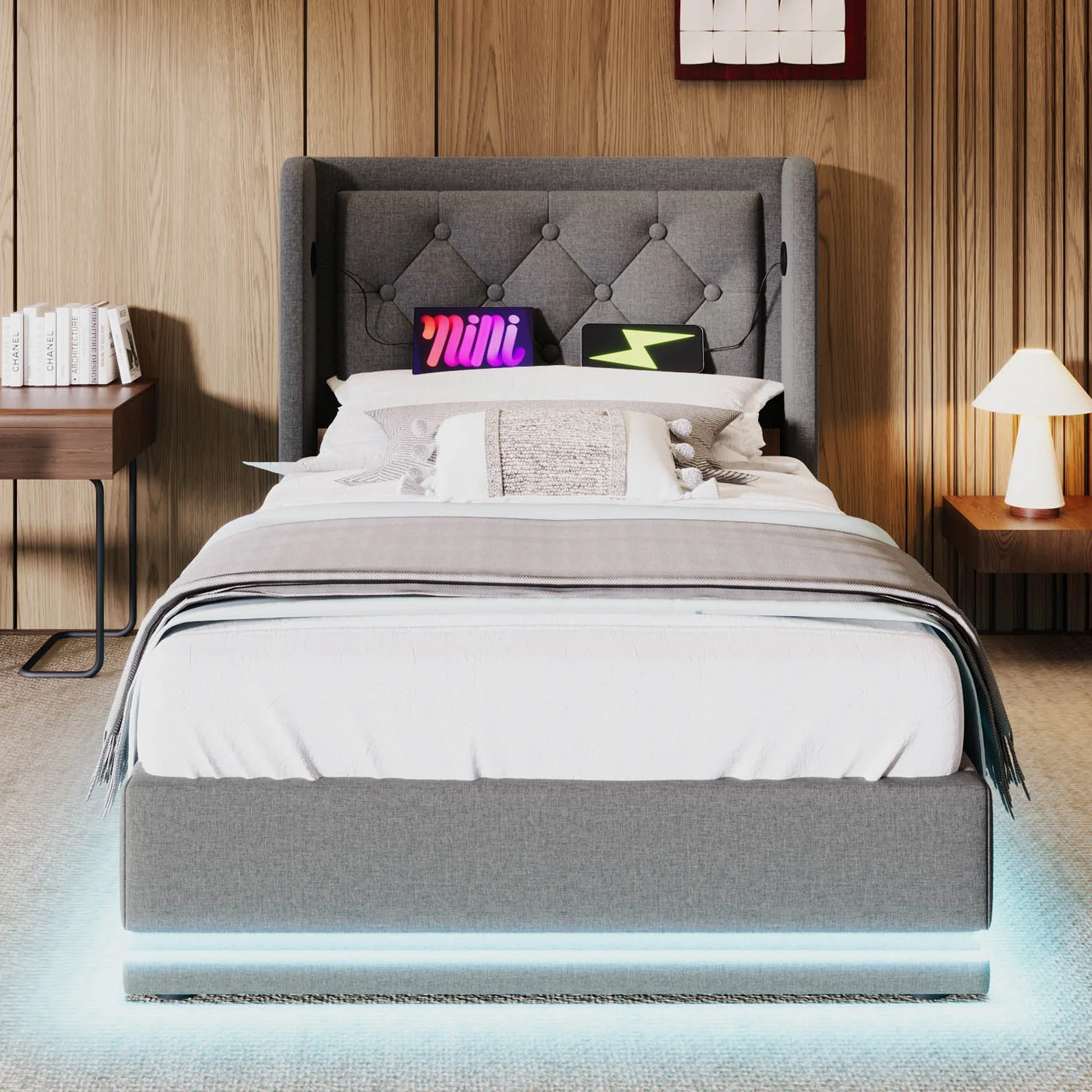 Upholstered Single Bed, Hydraulic Storage with USB & LED, Gray Cotton - Image 10