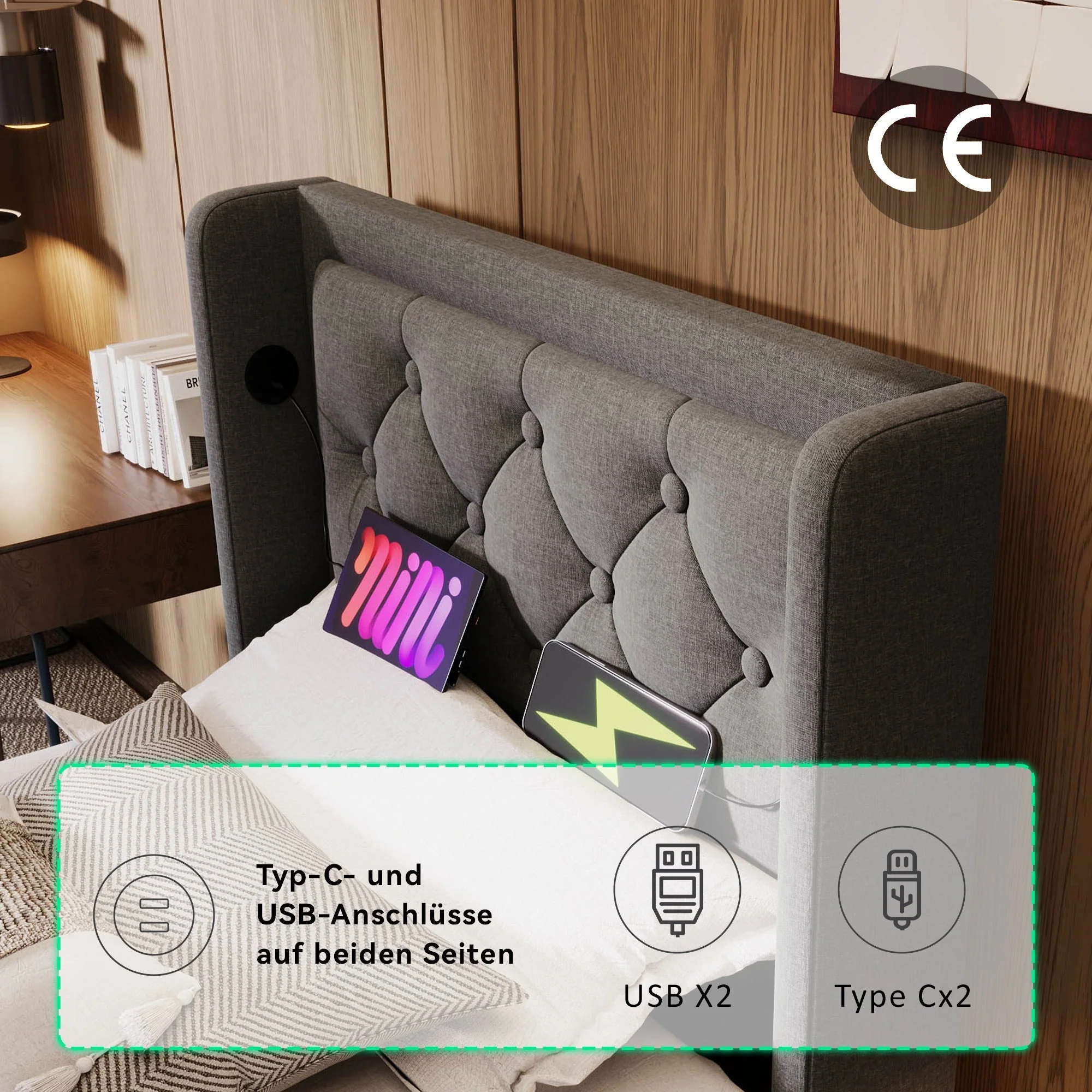 Upholstered Single Bed, Hydraulic Storage with USB & LED, Gray Cotton - Image 5
