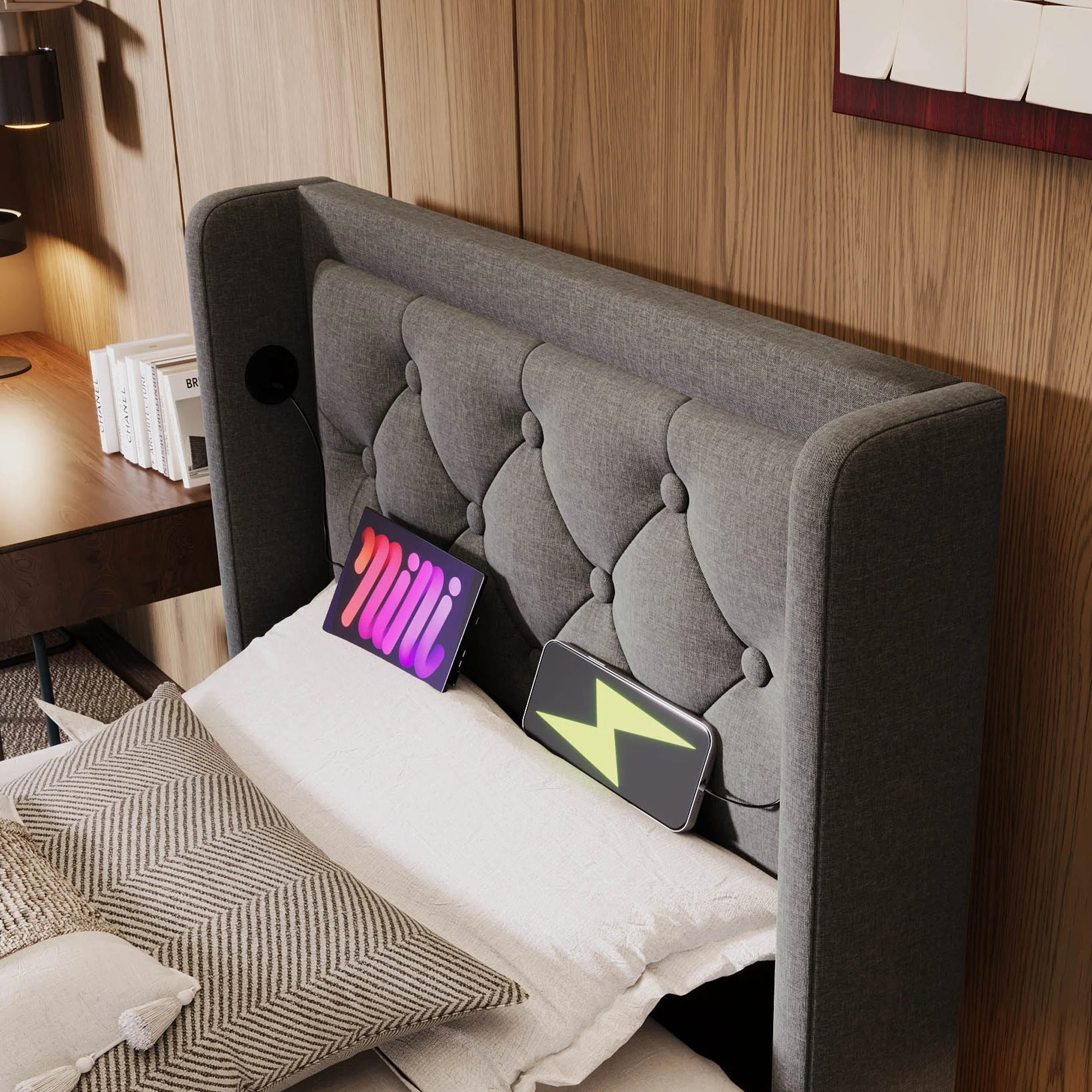 Upholstered Single Bed, Hydraulic Storage with USB & LED, Gray Cotton - Image 9