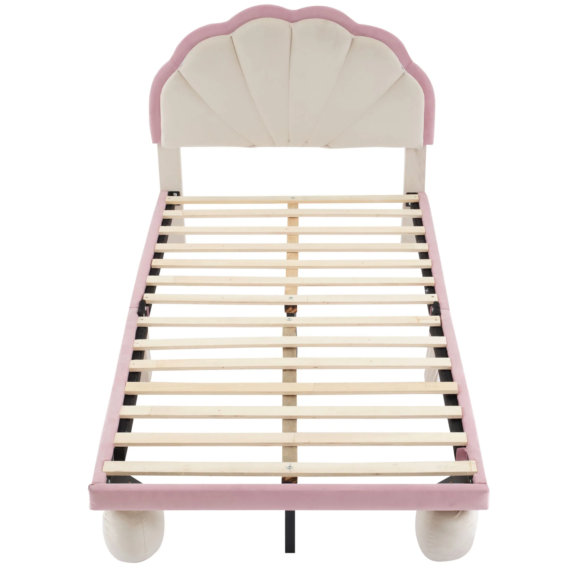 Upholstered Single Bed LED Lights Wave Headboard 90x200cm, Velvet Beige+Pink - Image 8