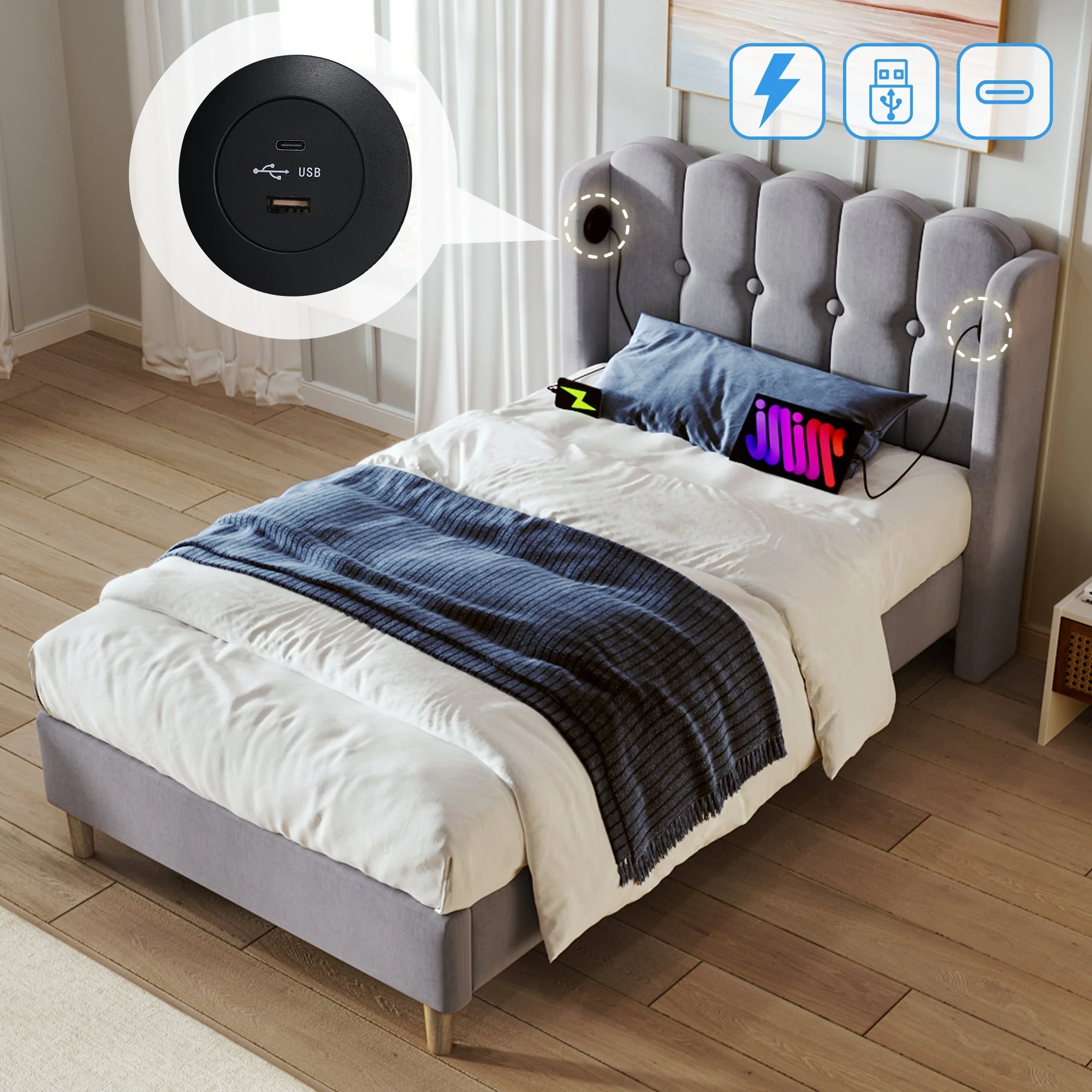Upholstered Single Bed, USB Type C Charging, Slatted Frame, Gray Linen