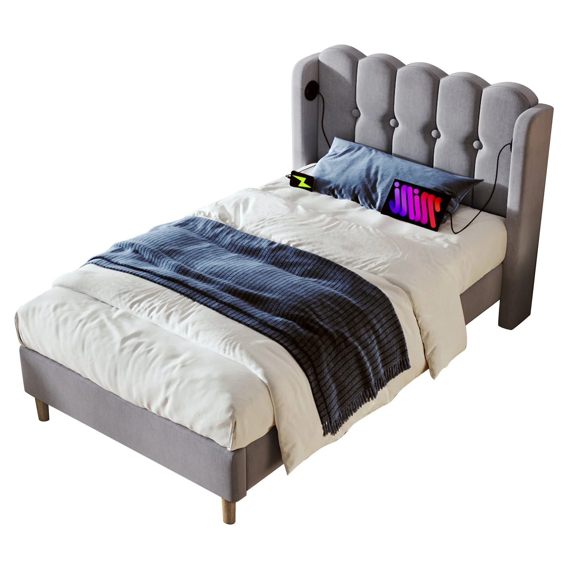 Upholstered Single Bed, USB Type C Charging, Slatted Frame, Gray Linen - Image 3