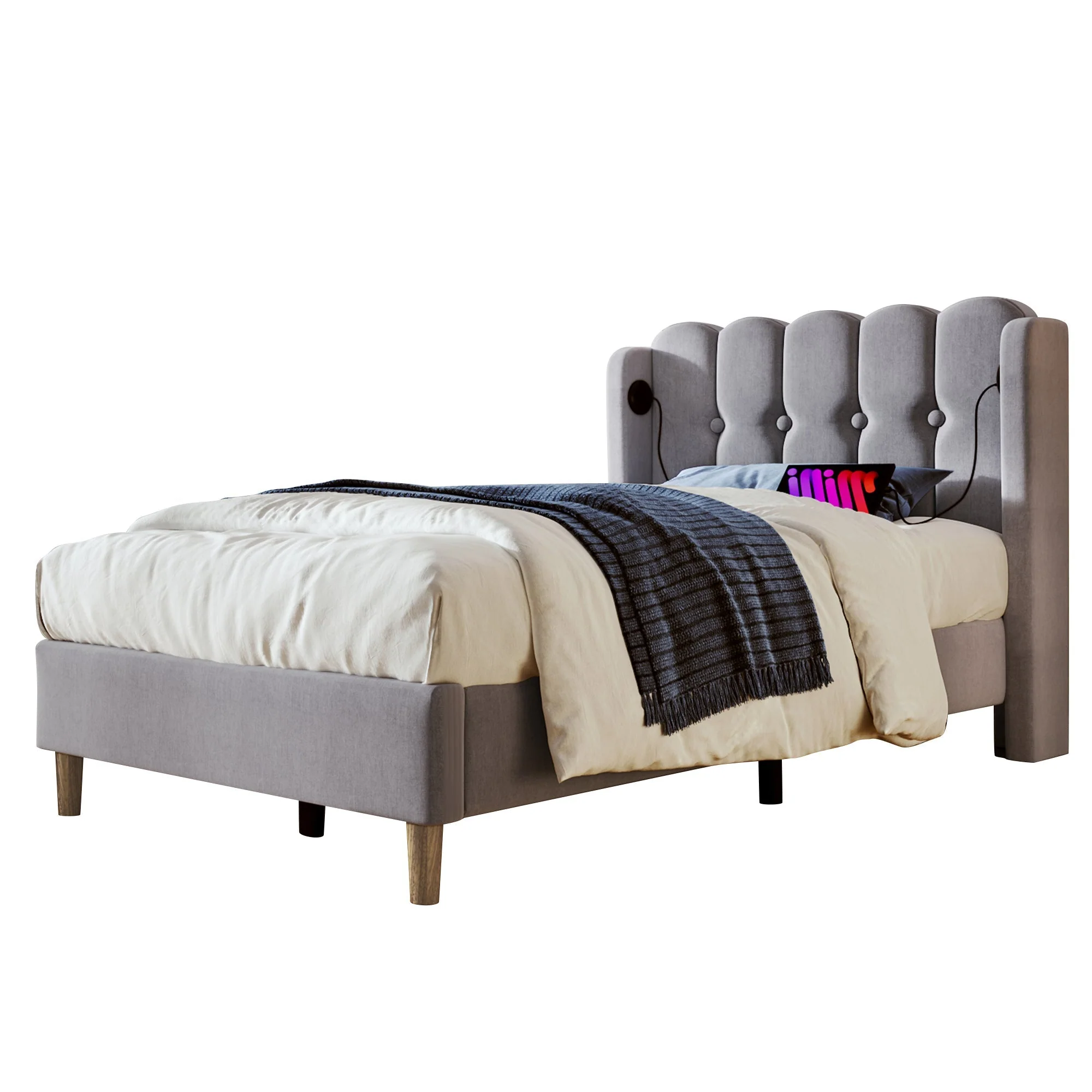Upholstered Single Bed, USB Type C Charging, Slatted Frame, Gray Linen - Image 4