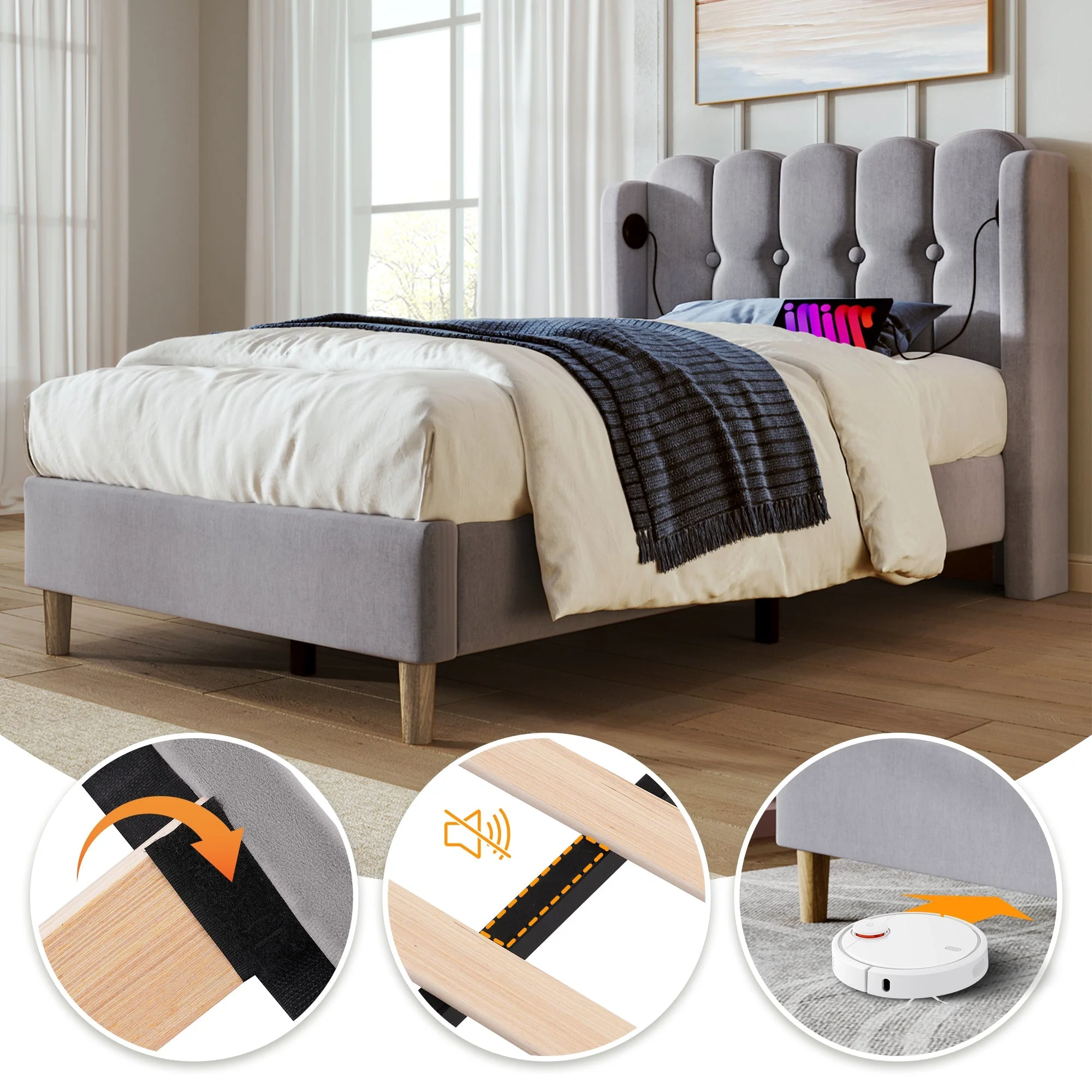 Upholstered Single Bed, USB Type C Charging, Slatted Frame, Gray Linen - Image 5