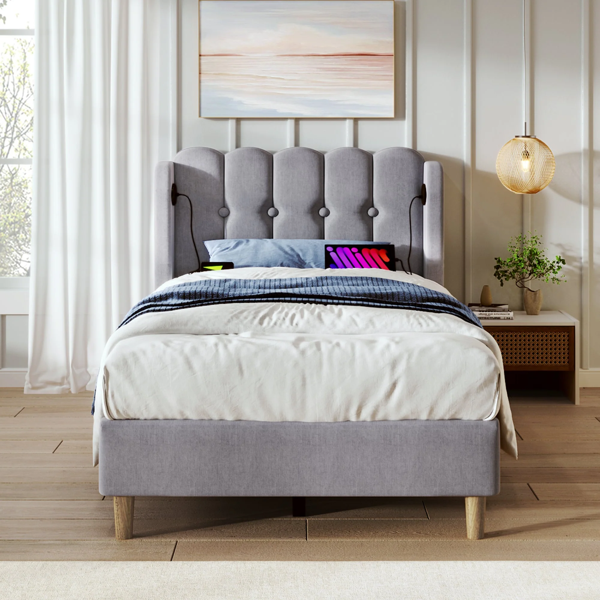 Upholstered Single Bed, USB Type C Charging, Slatted Frame, Gray Linen - Image 8