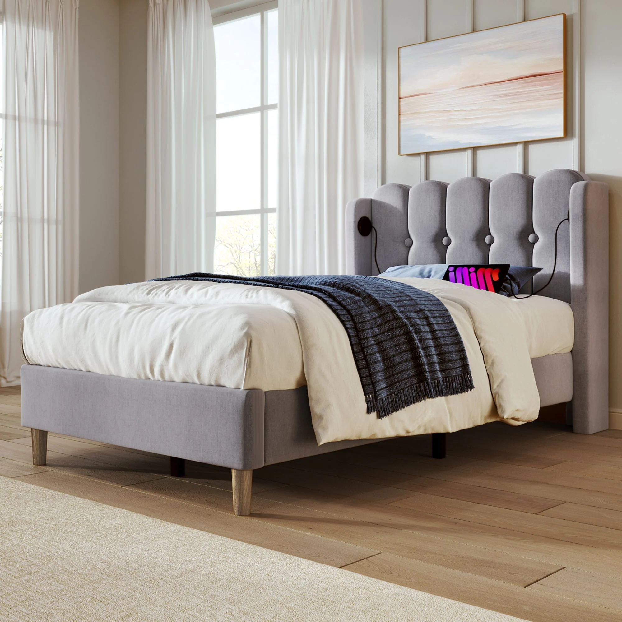 Upholstered Single Bed, USB Type C Charging, Slatted Frame, Gray Linen - Image 9