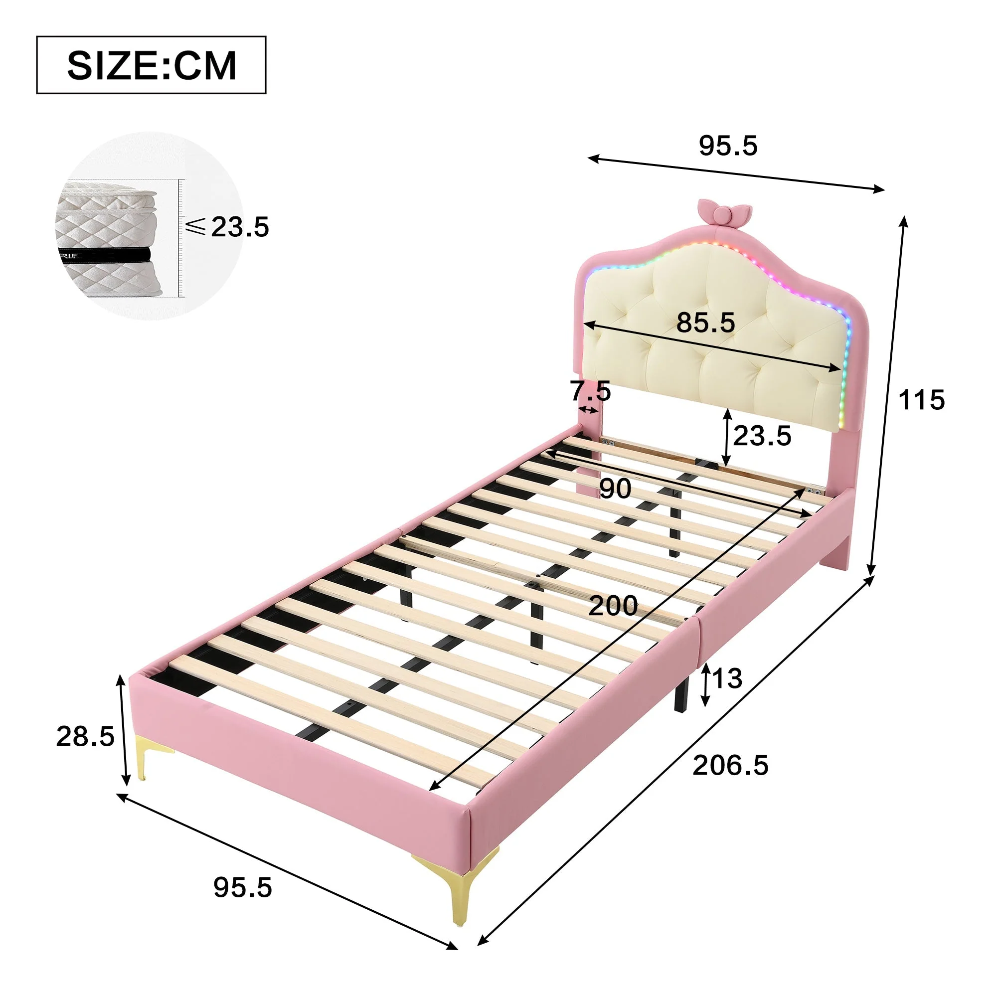 Upholstered Single Bed, Wave Headboard LED Strips 90x200cm, Pink PU - Image 4