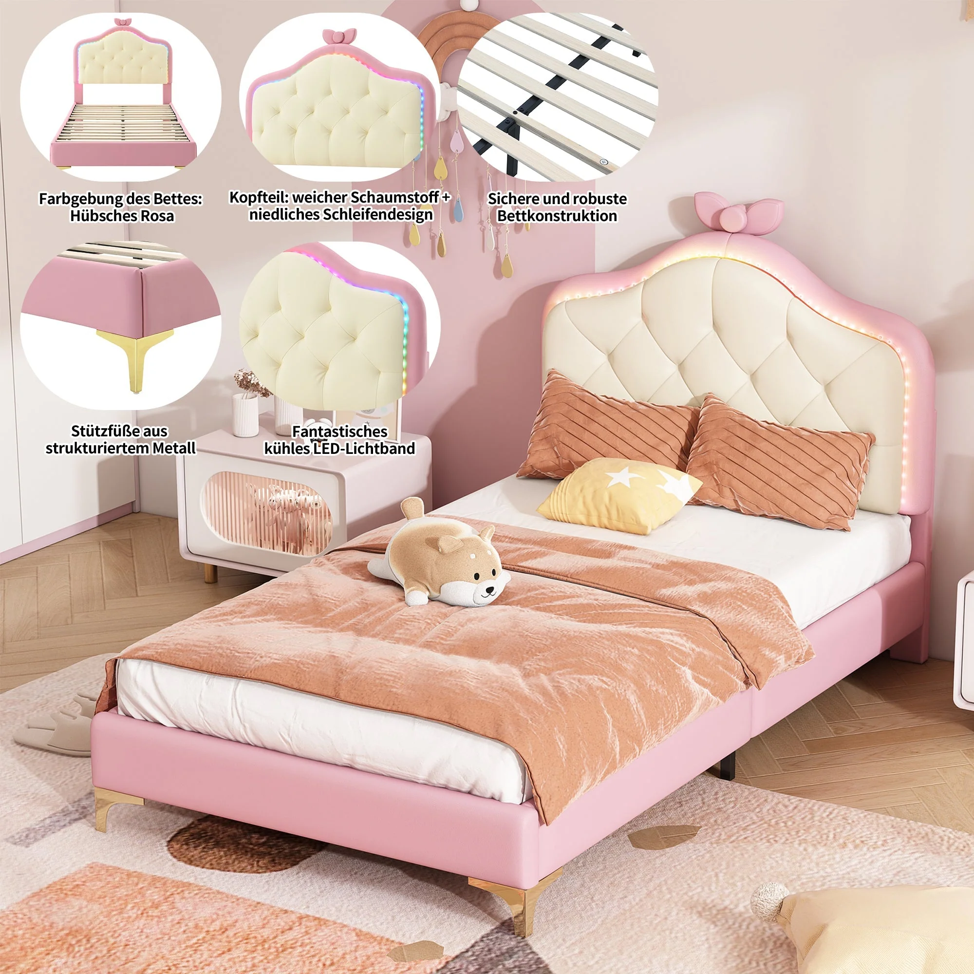 Upholstered Single Bed, Wave Headboard LED Strips 90x200cm, Pink PU - Image 5