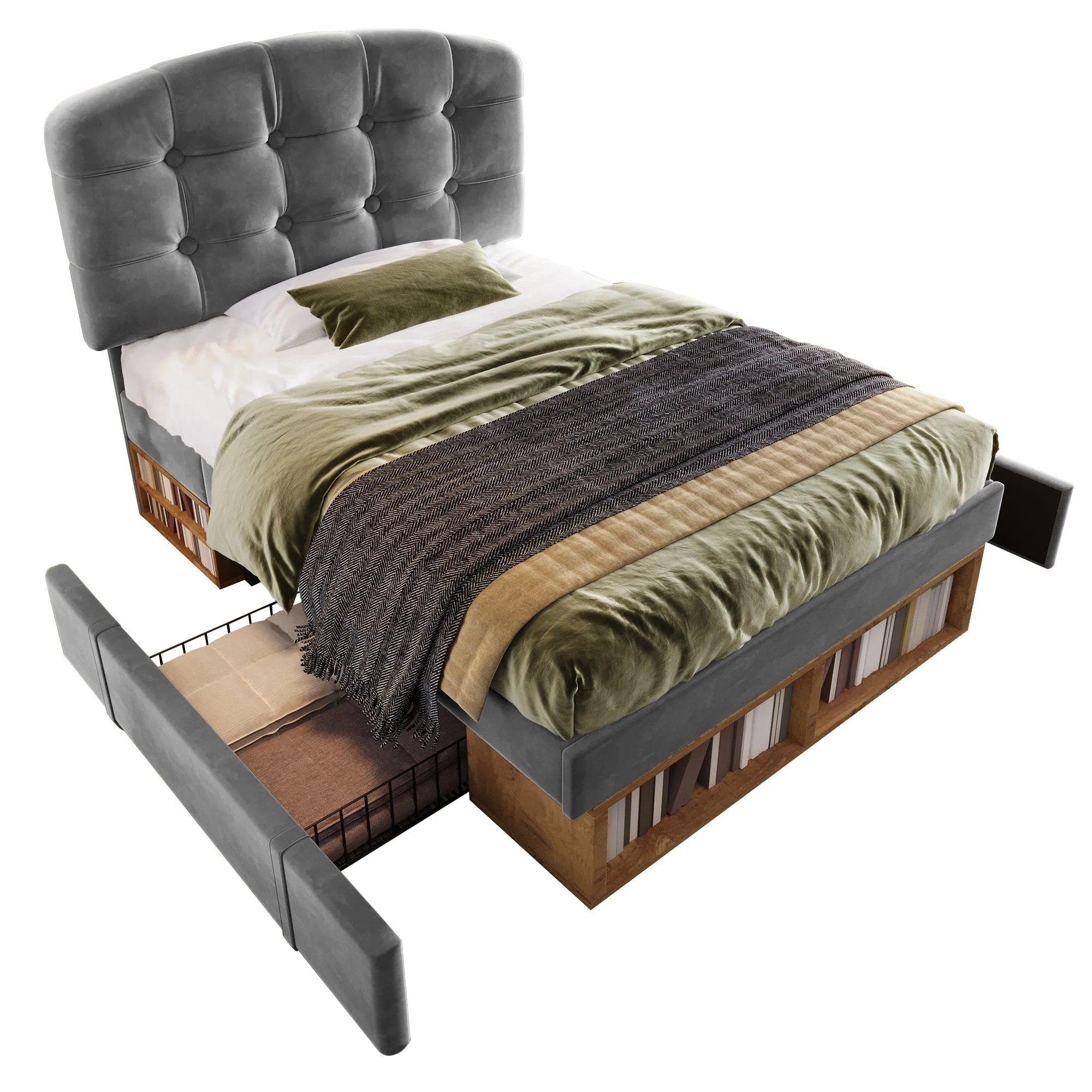 Upholstered Single Bed with Adjustable Headboard, Drawers and Storage, 90x200cm, Grey Velvet - Image 7