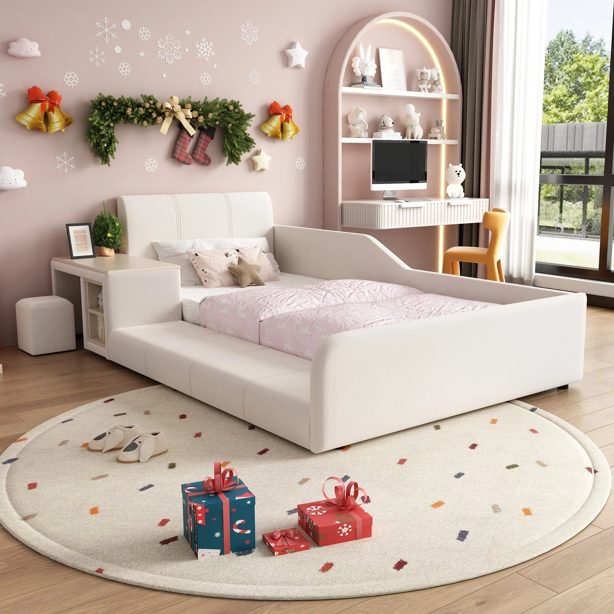 Upholstered Single Bed with Desk, Stool and Storage, 90x200cm, White Velvet - Image 2
