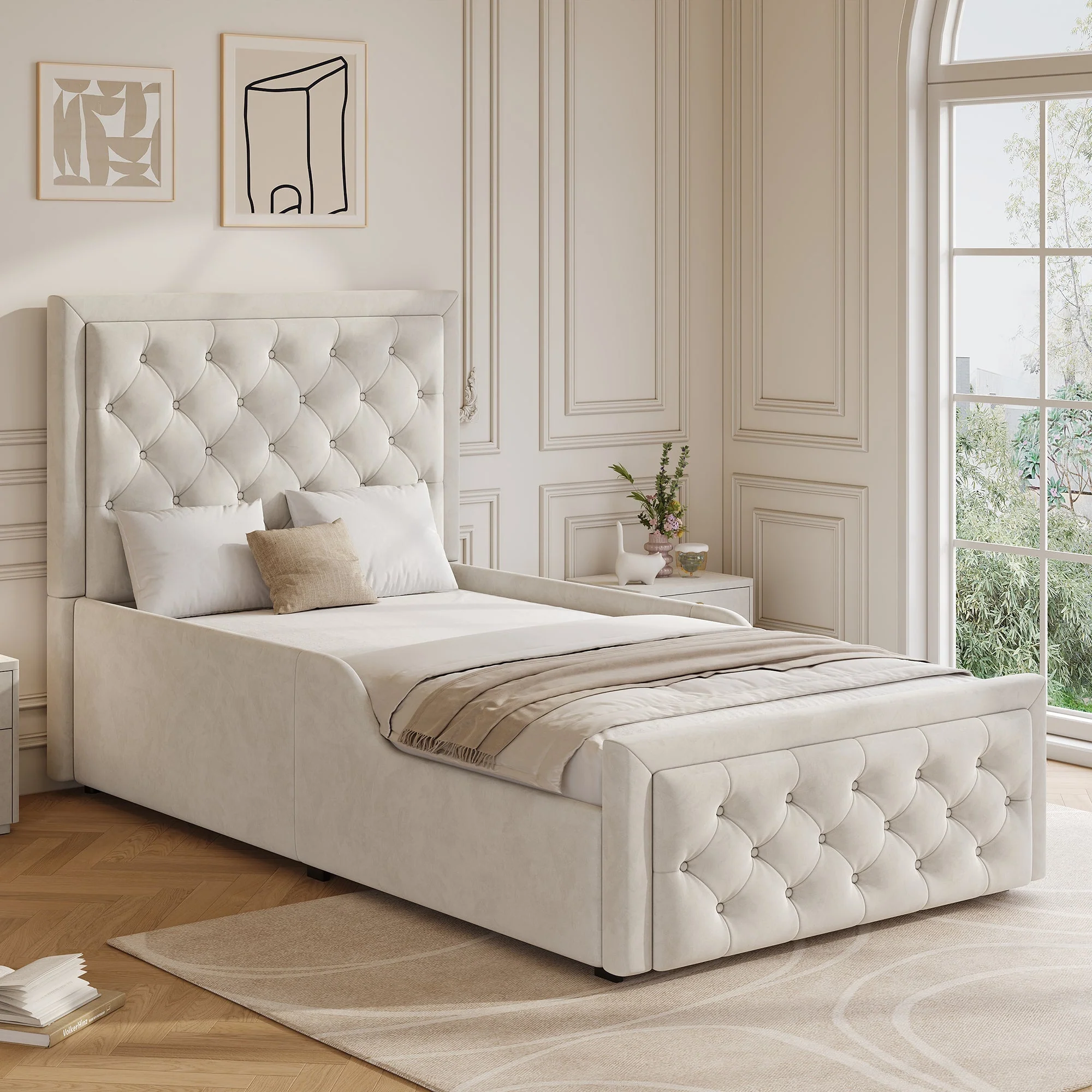 Upholstered Single Bed with Hydraulic Storage and Slatted Base, 90x200cm, Beige Velvet - Image 2