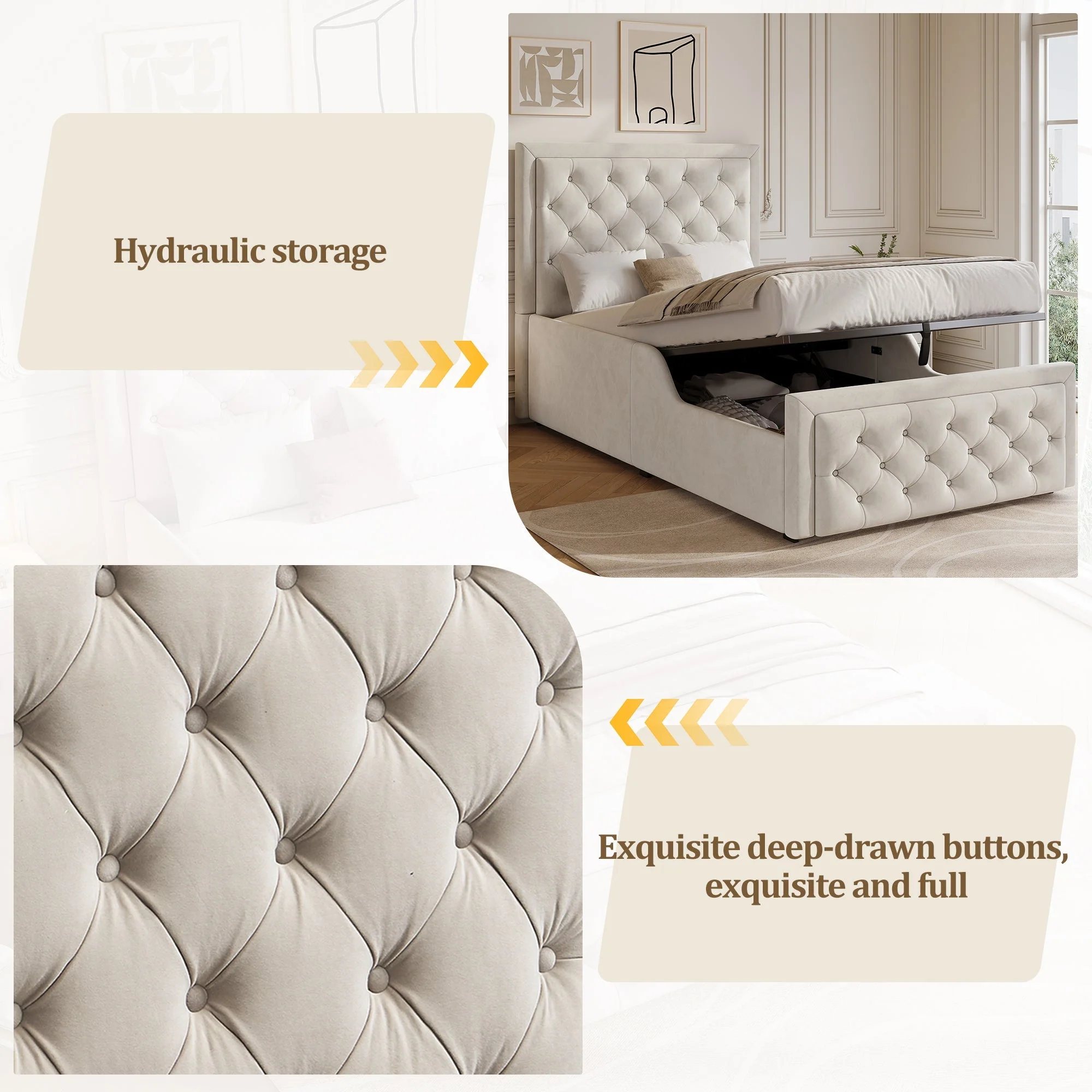 Upholstered Single Bed with Hydraulic Storage and Slatted Base, 90x200cm, Beige Velvet - Image 8