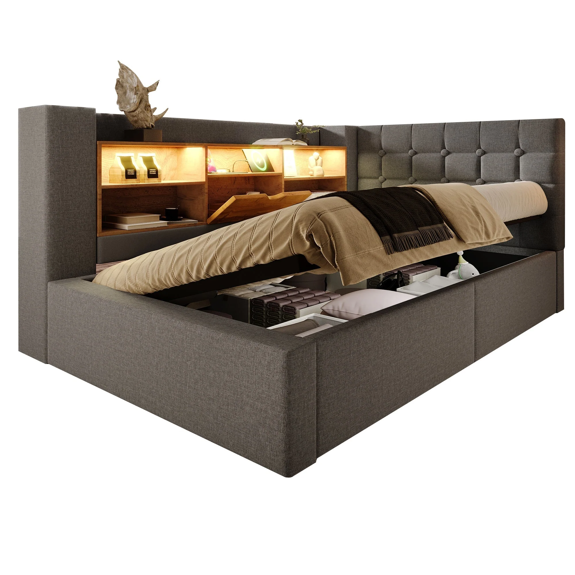 Upholstered Single Bed with LED, Hydraulic Storage and L-Shaped Headboard, 90x190cm, Grey Linen Fabric - Image 8