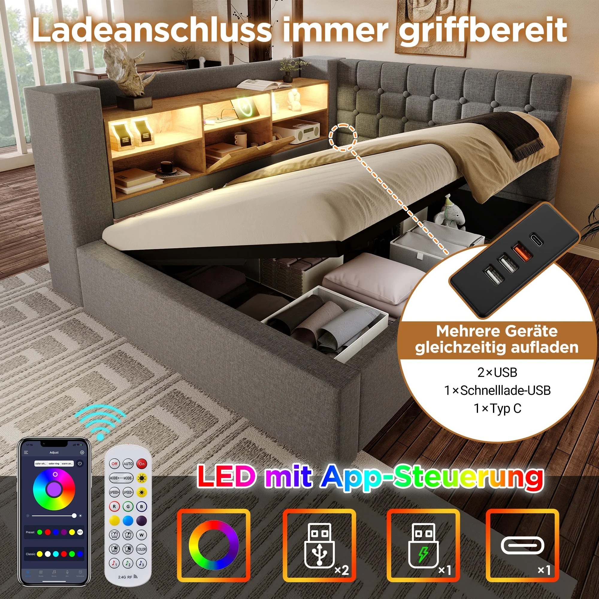 Upholstered Single Bed with LED, Hydraulic Storage and L-Shaped Headboard, 90x200cm, Grey Linen - Image 3
