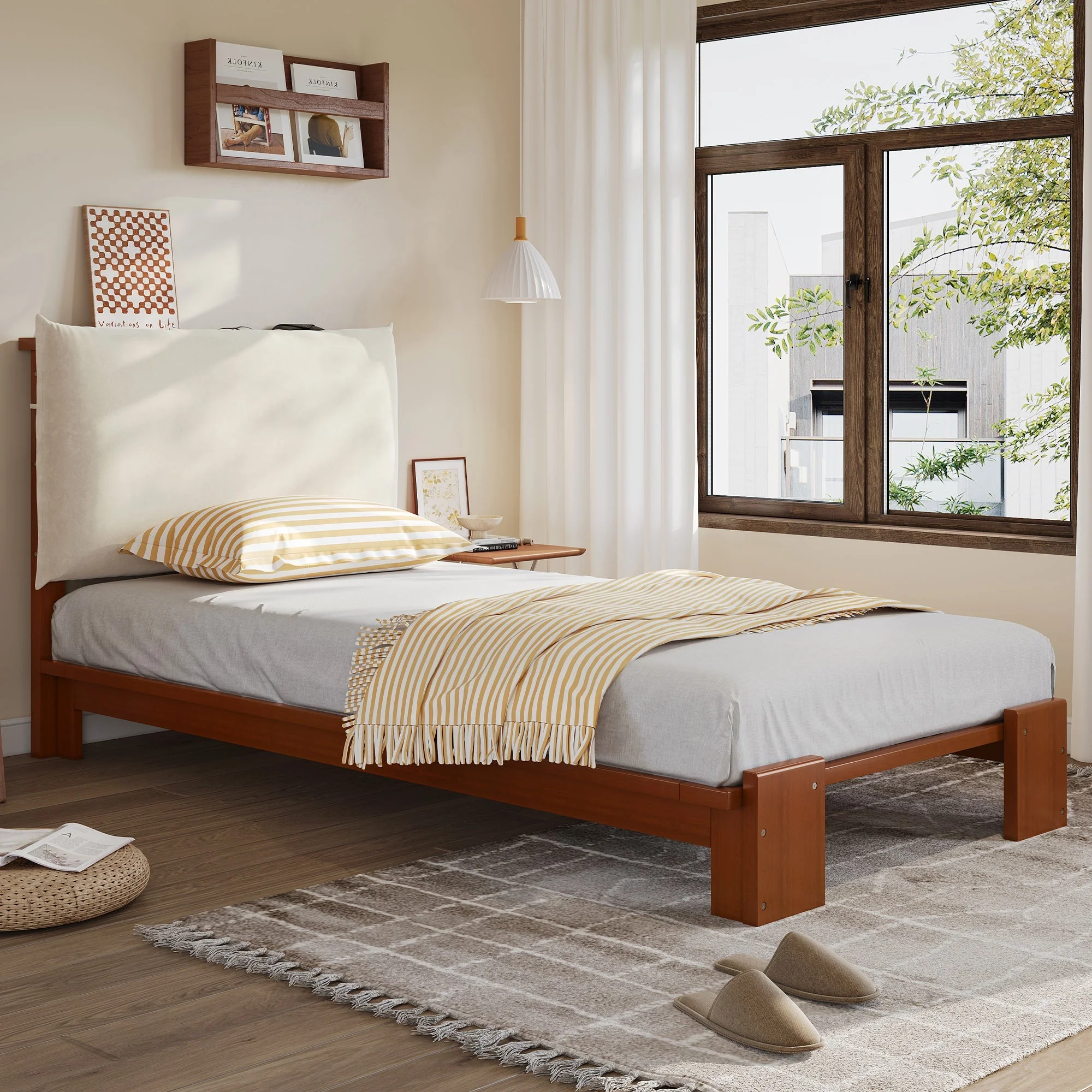 Upholstered Single Bed with Padded Headboard and Slatted Base, Dark Brown - Image 3