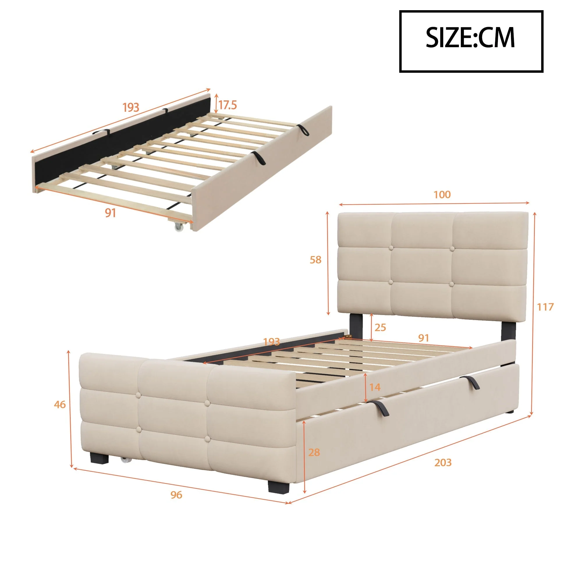 Upholstered Single Bed with Pull-out Guest Bed and Slatted Frame, 90x190cm, Beige Velvet - Image 3