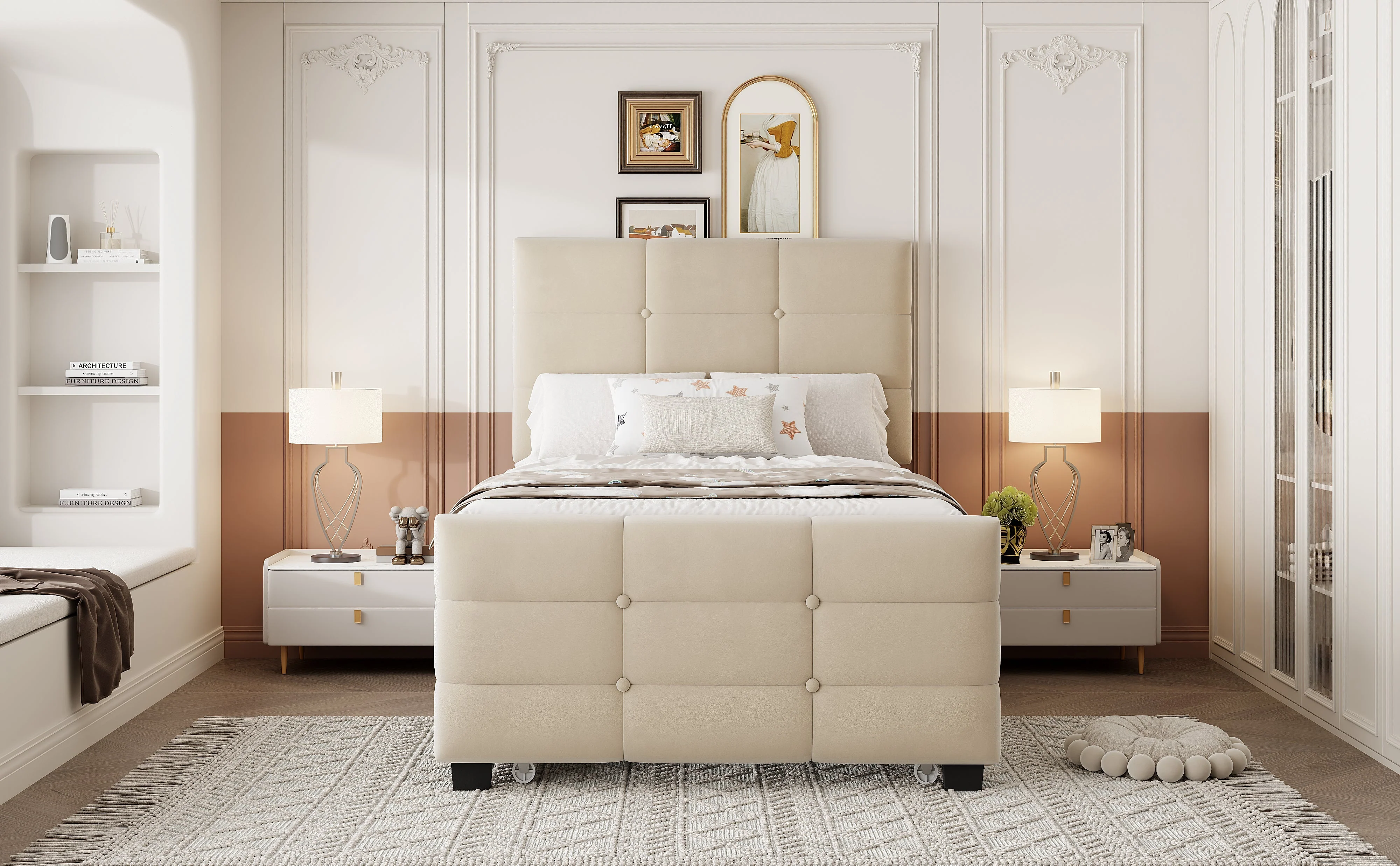 Upholstered Single Bed with Pull-out Guest Bed and Slatted Frame, 90x190cm, Beige Velvet - Image 5