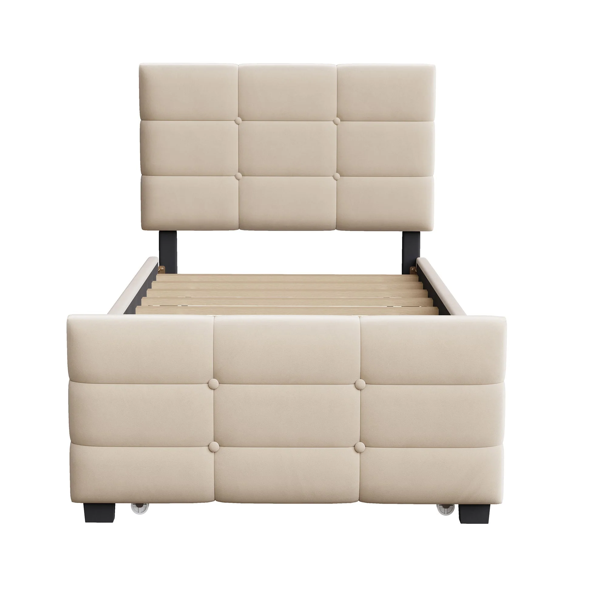 Upholstered Single Bed with Pull-out Guest Bed and Slatted Frame, 90x190cm, Beige Velvet - Image 6