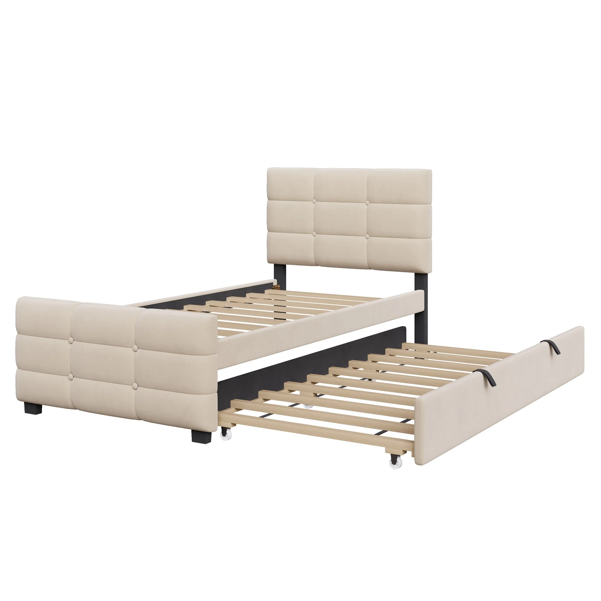 Upholstered Single Bed with Pull-out Guest Bed and Slatted Frame, 90x190cm, Beige Velvet - Image 7