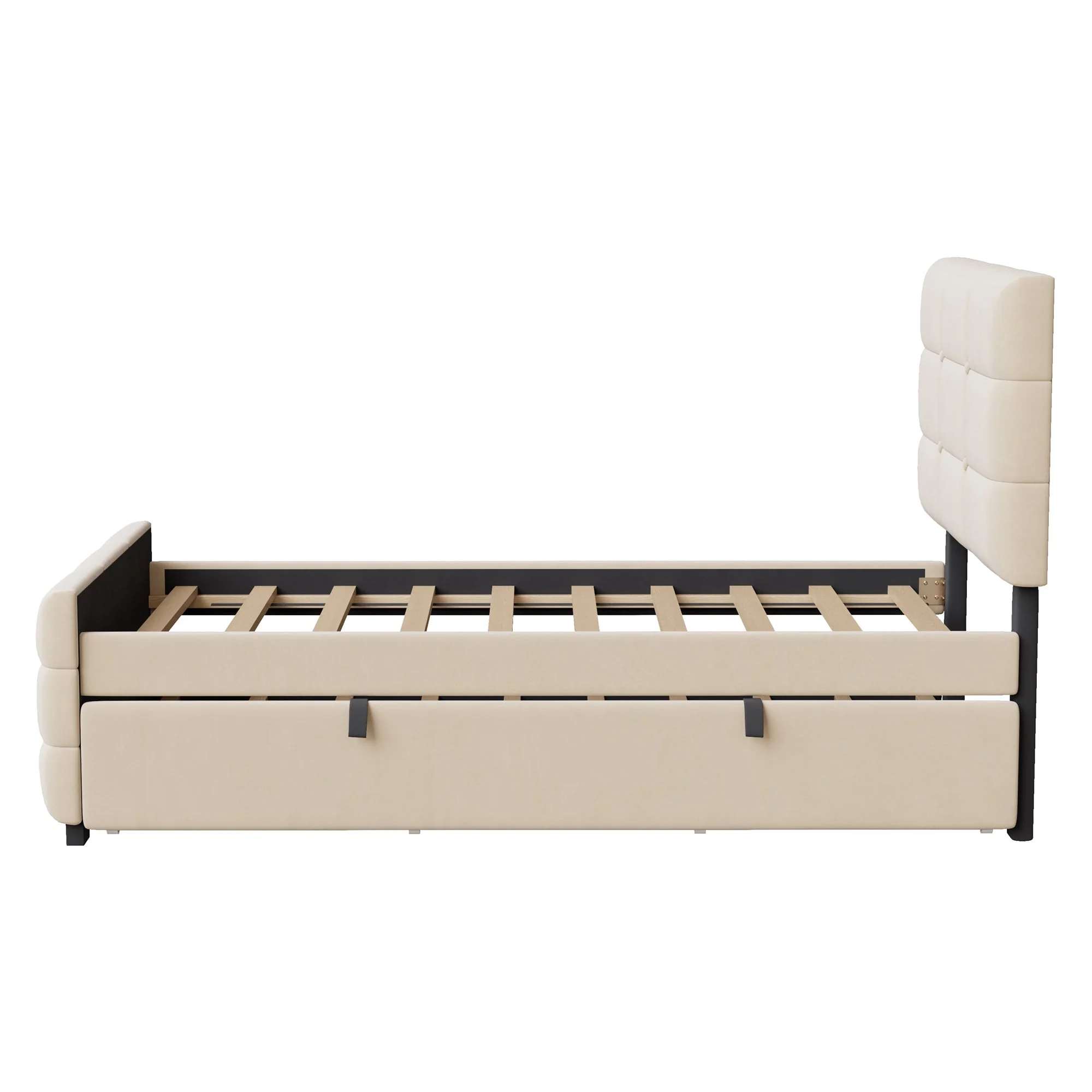 Upholstered Single Bed with Pull-out Guest Bed and Slatted Frame, 90x190cm, Beige Velvet - Image 8