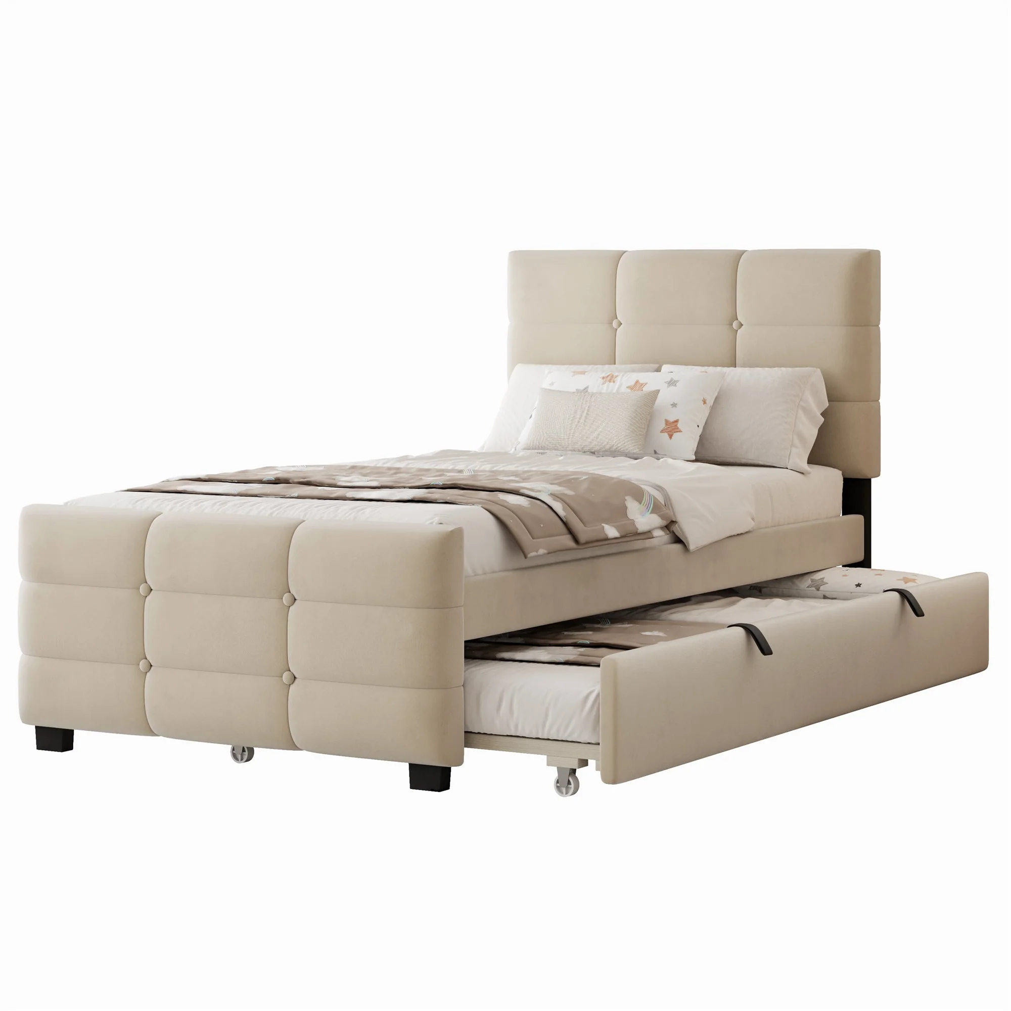 Upholstered Single Bed with Pull-out Guest Bed and Slatted Frame, 90x190cm, Beige Velvet - Image 9