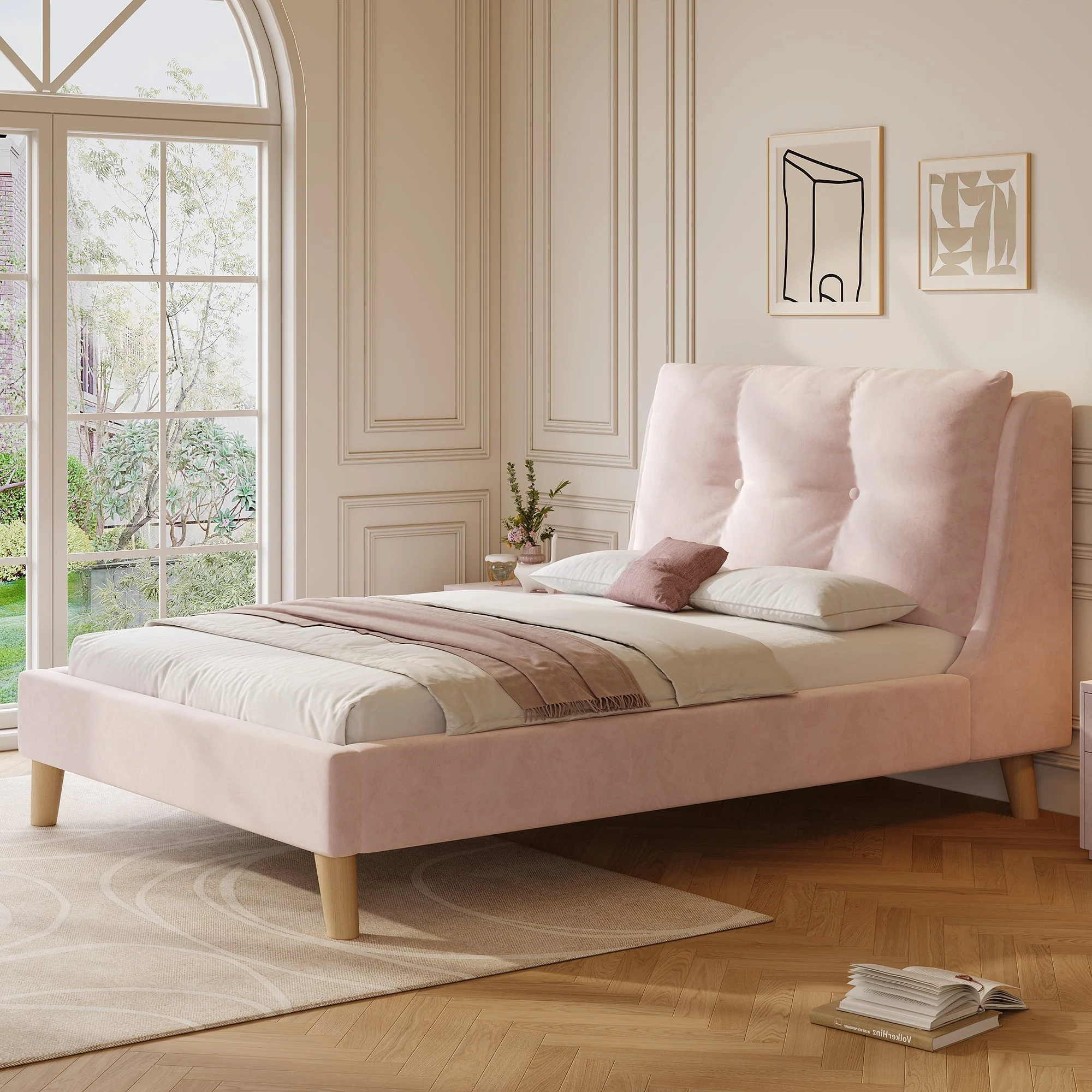 Upholstered Single Bed with Slatted Base and Headboard, 90 x 200cm, Pink Velvet - Image 3