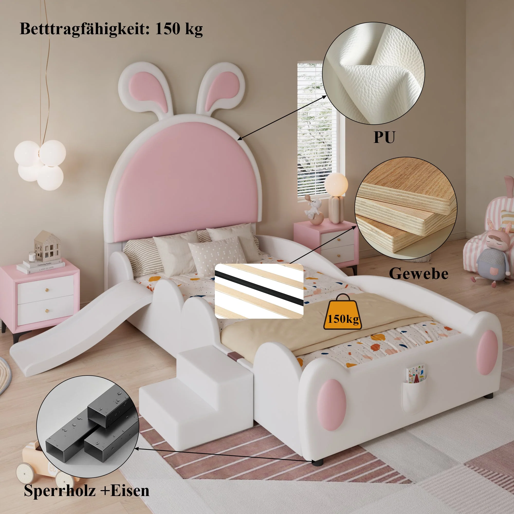 Upholstered Single Bed with Slide, Bunny Ears Headboard, 90x200cm, PU White/Pink - Image 5