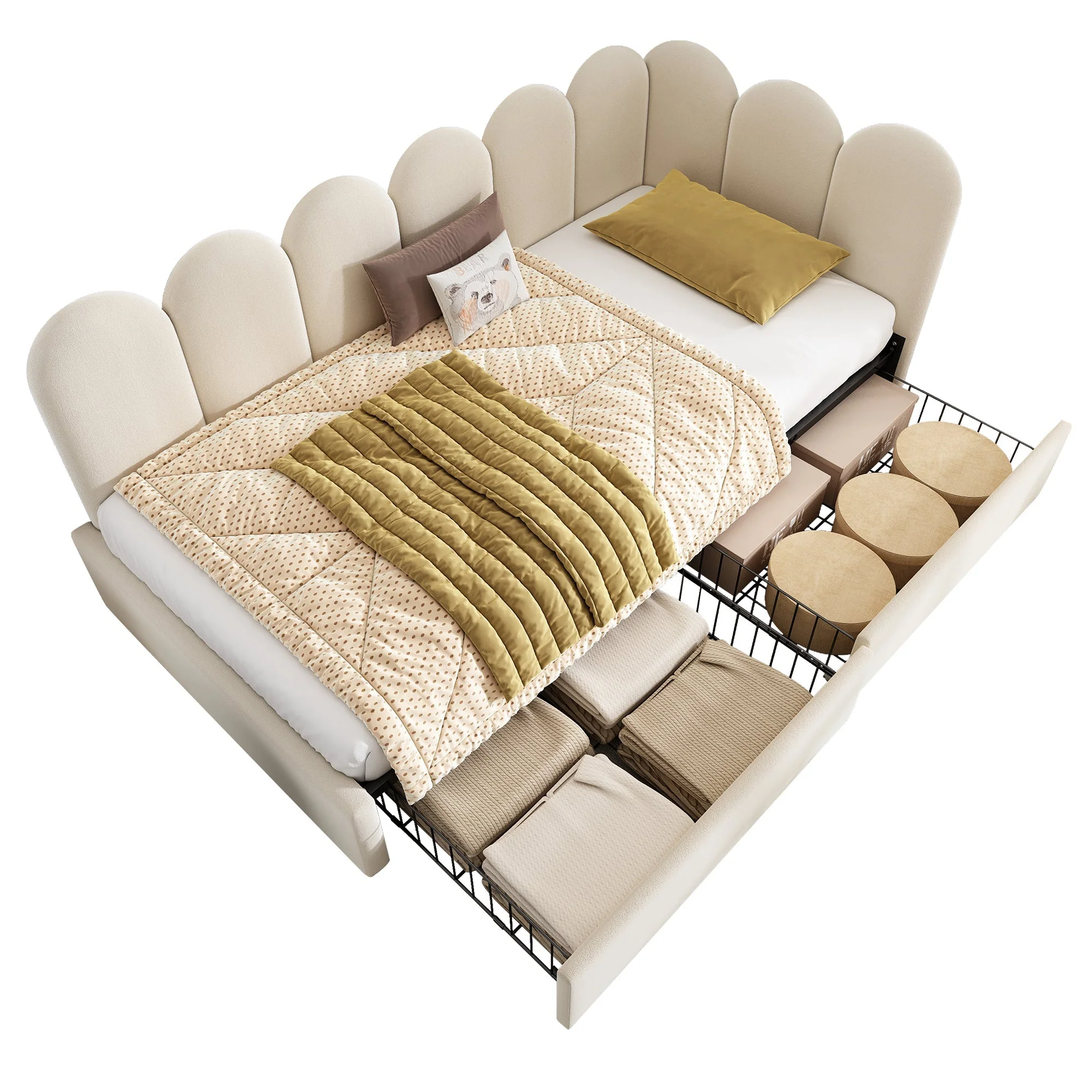 Upholstered single bed with drawers, storage bed in velvet, daybed / sofa bed, 90 × 190 cm, with slatted base, suitable for teenagers and adults, children’s bed, beige (mattress not included) - Image 6