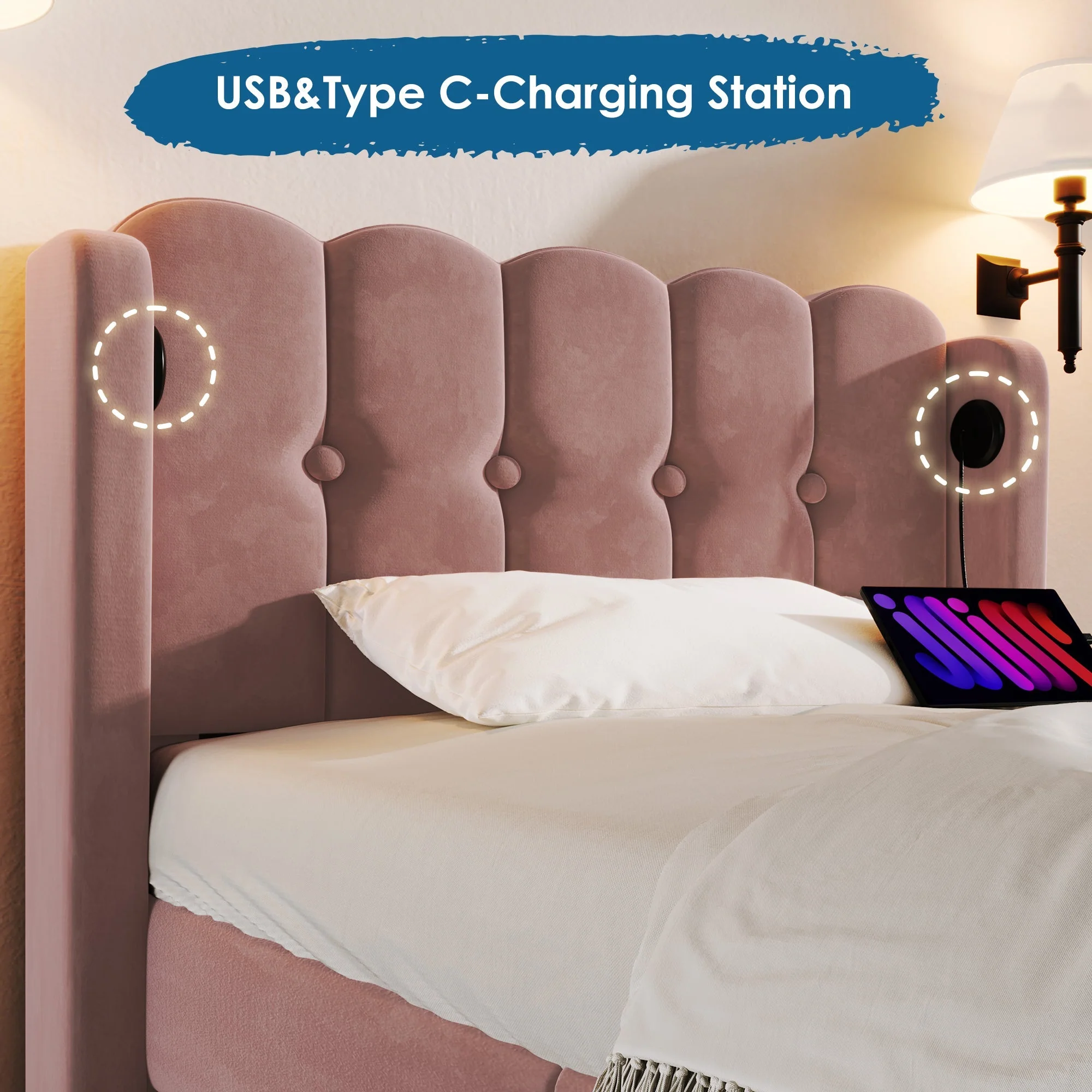 Upholstered Single Bed with USB and Type-C Charging, Pink, Velvet Material - Image 3