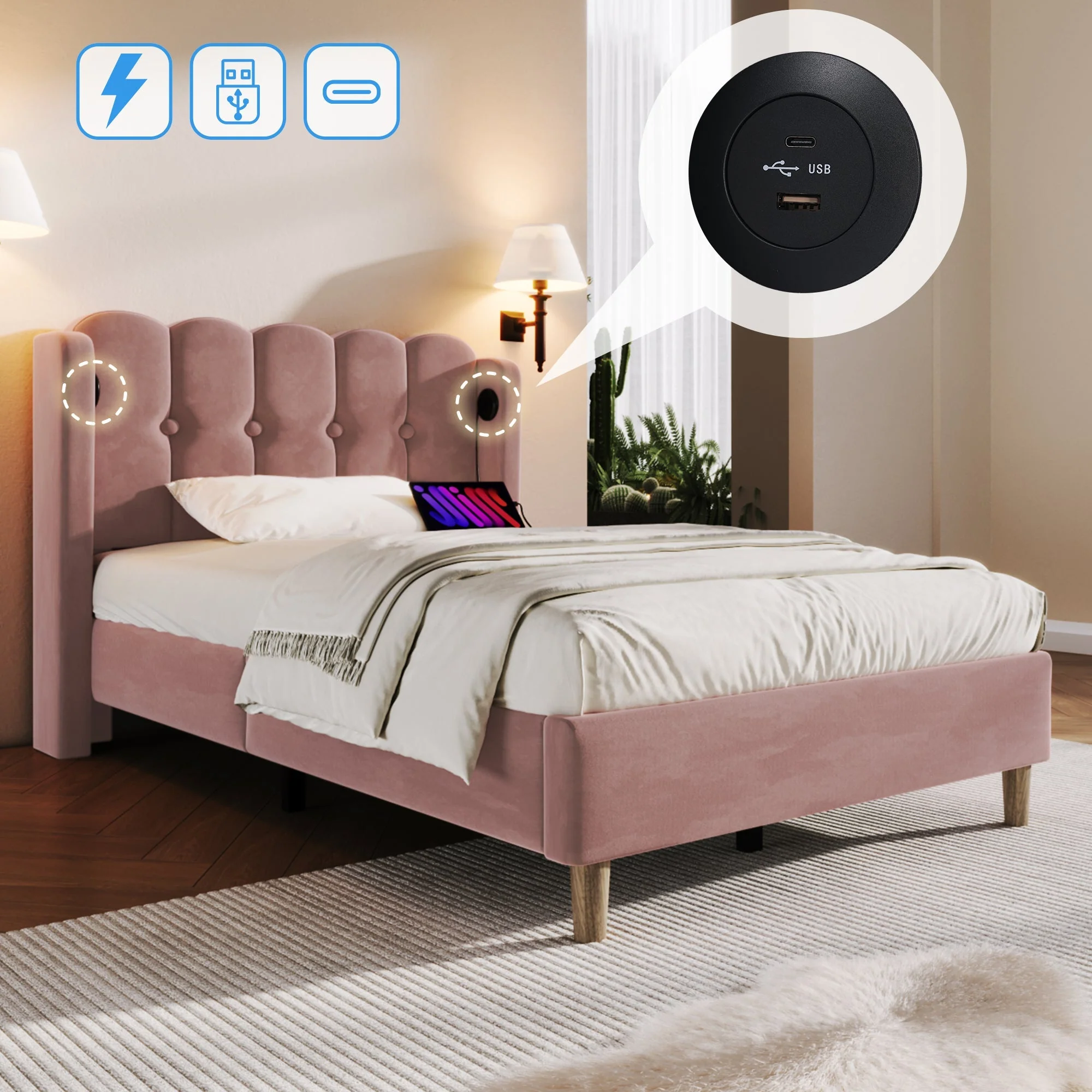 Upholstered Single Bed with USB and Type-C Charging, Pink, Velvet Material - Image 4