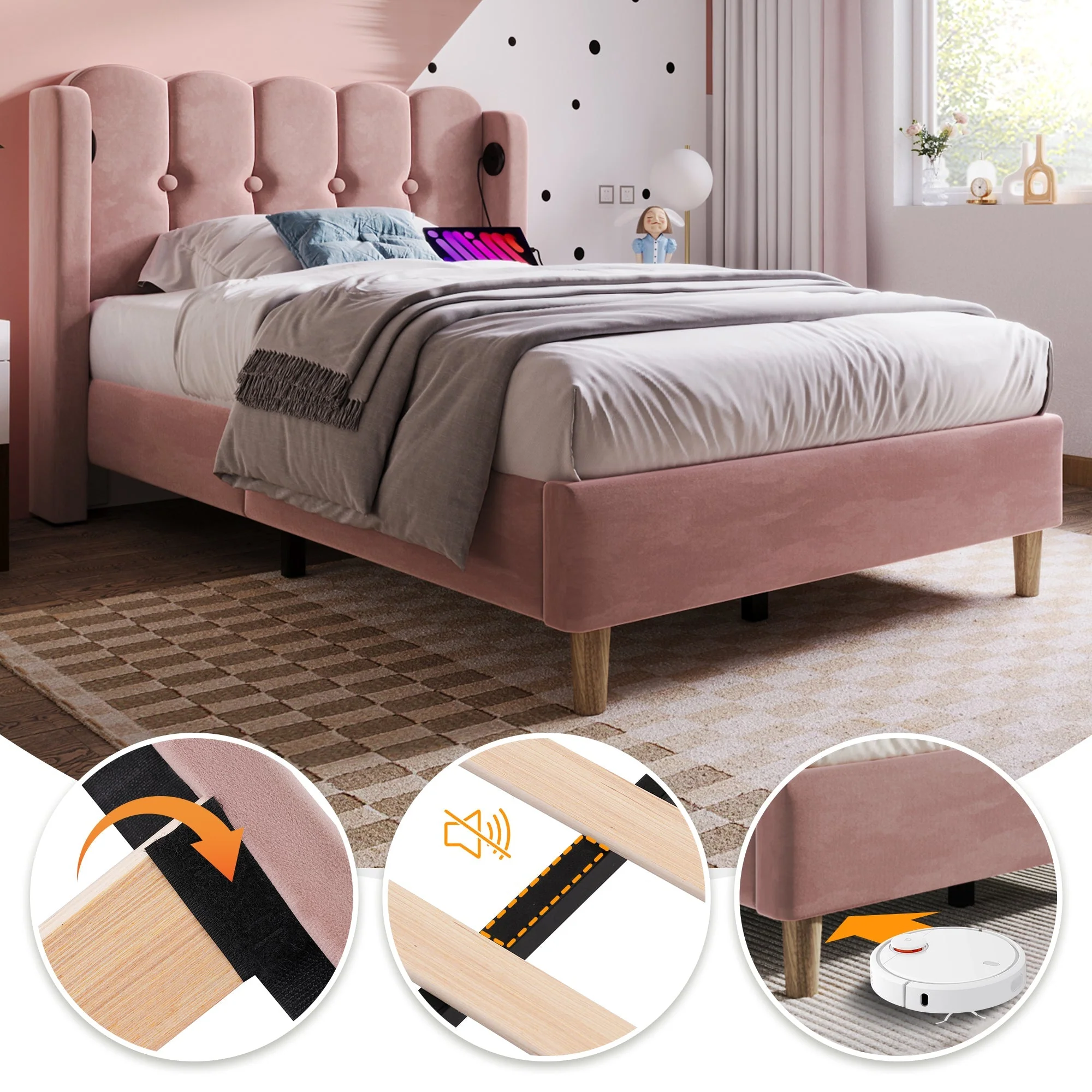 Upholstered Single Bed with USB and Type-C Charging, Pink, Velvet Material - Image 5
