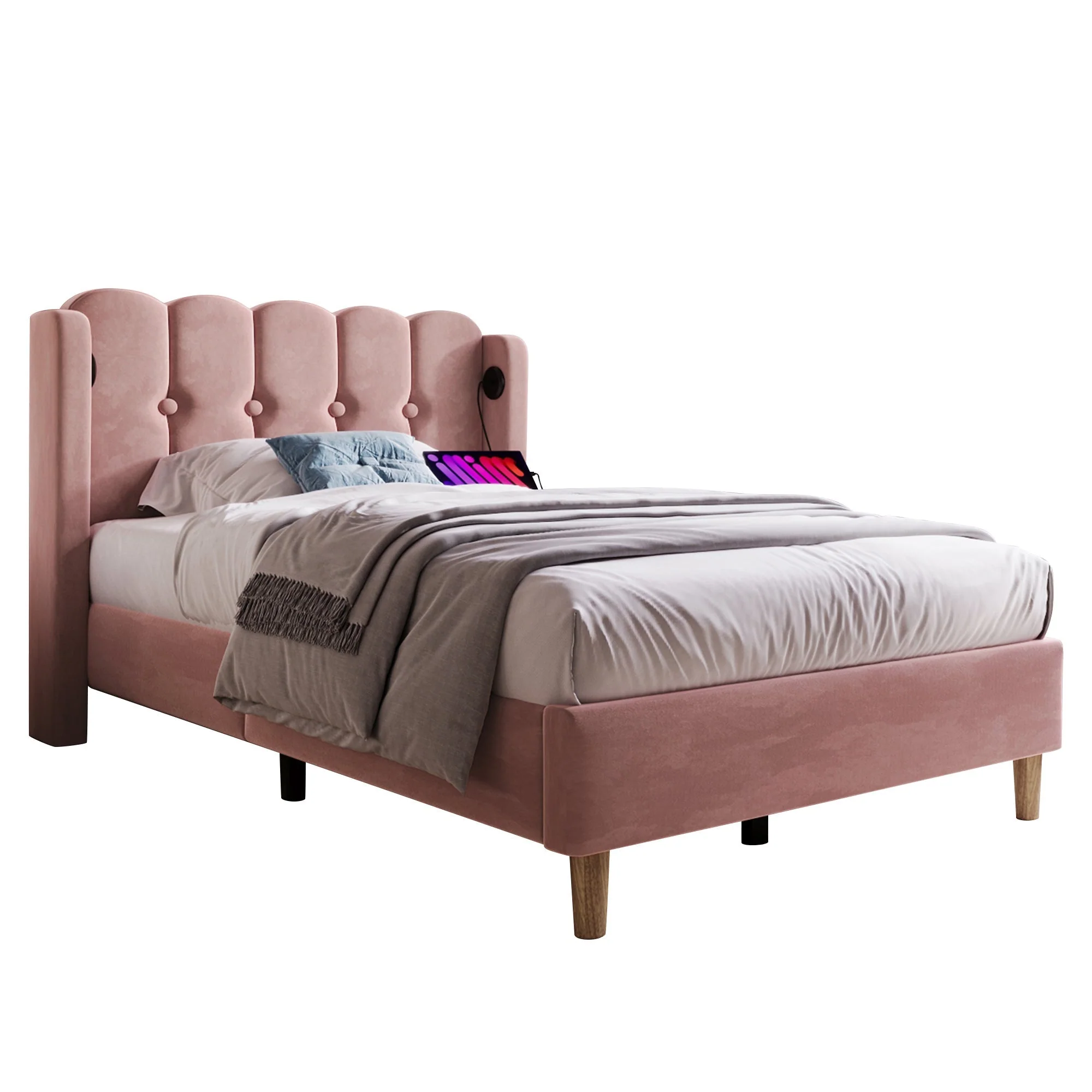Upholstered Single Bed with USB and Type-C Charging, Pink, Velvet Material - Image 6