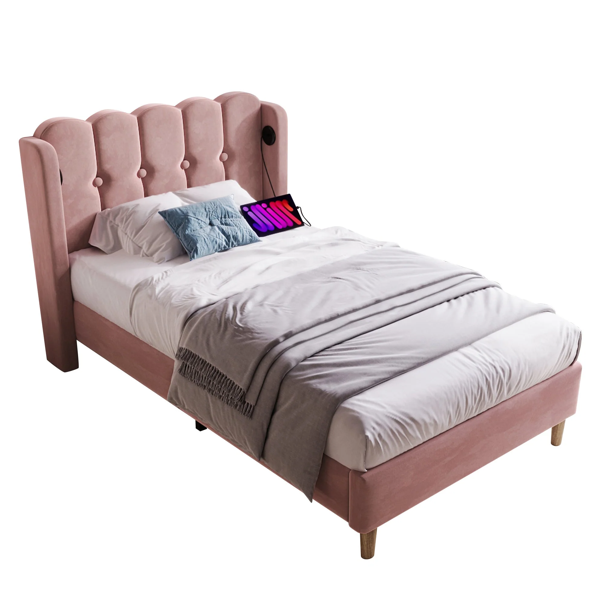 Upholstered Single Bed with USB and Type-C Charging, Pink, Velvet Material - Image 7