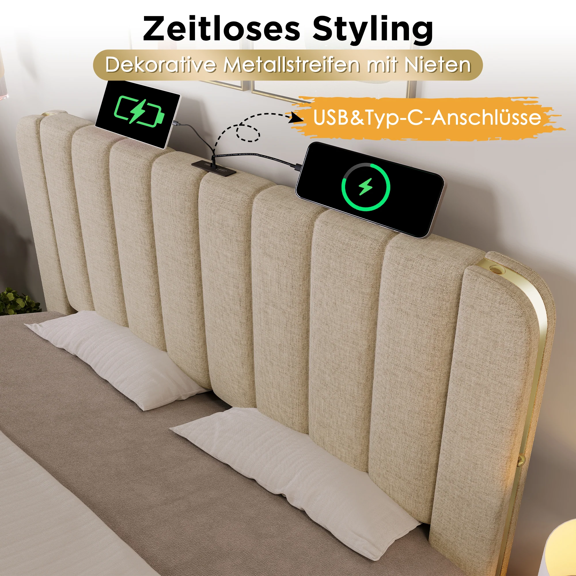 Upholstered Single Bed with USB-C Charging, 4 Drawers, Beige Linen - Image 5