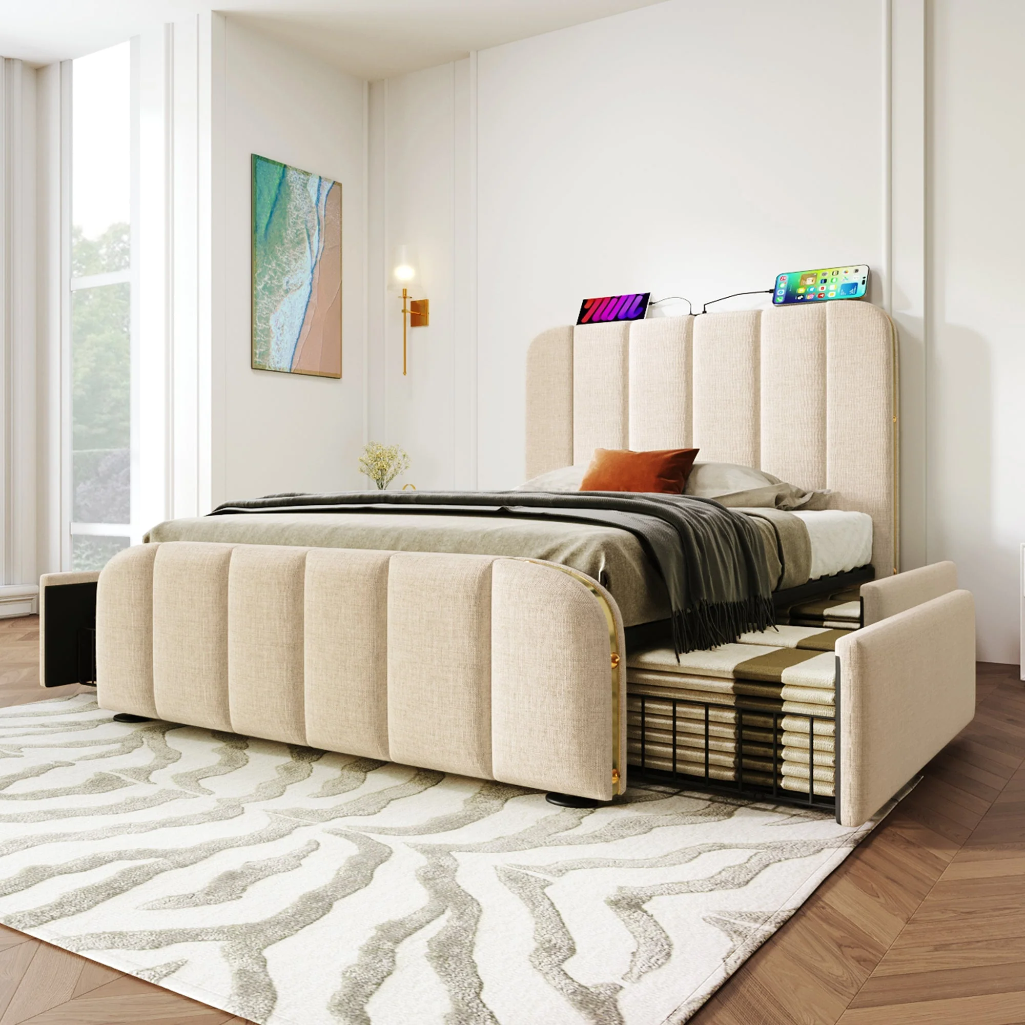 Upholstered Single Bed with USB-C Charging, 4 Drawers, Beige Linen - Image 8