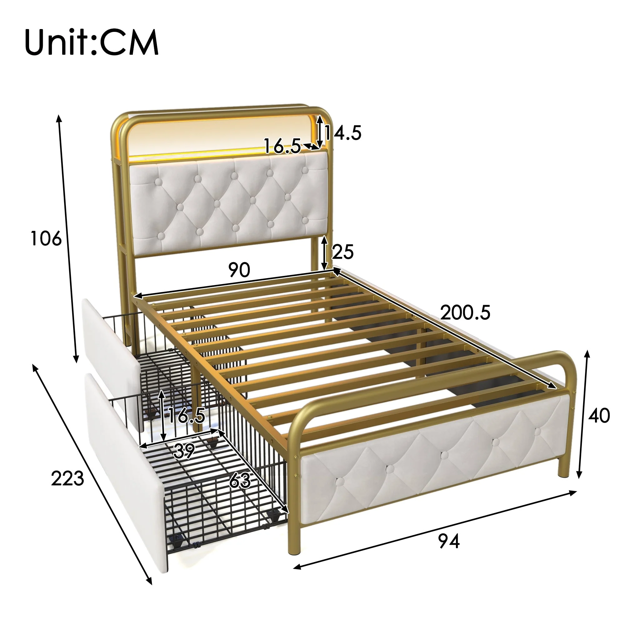 Upholstered Single Bed with USB Type C & LED, 90x200, 2 Drawers, Velvet - Image 3