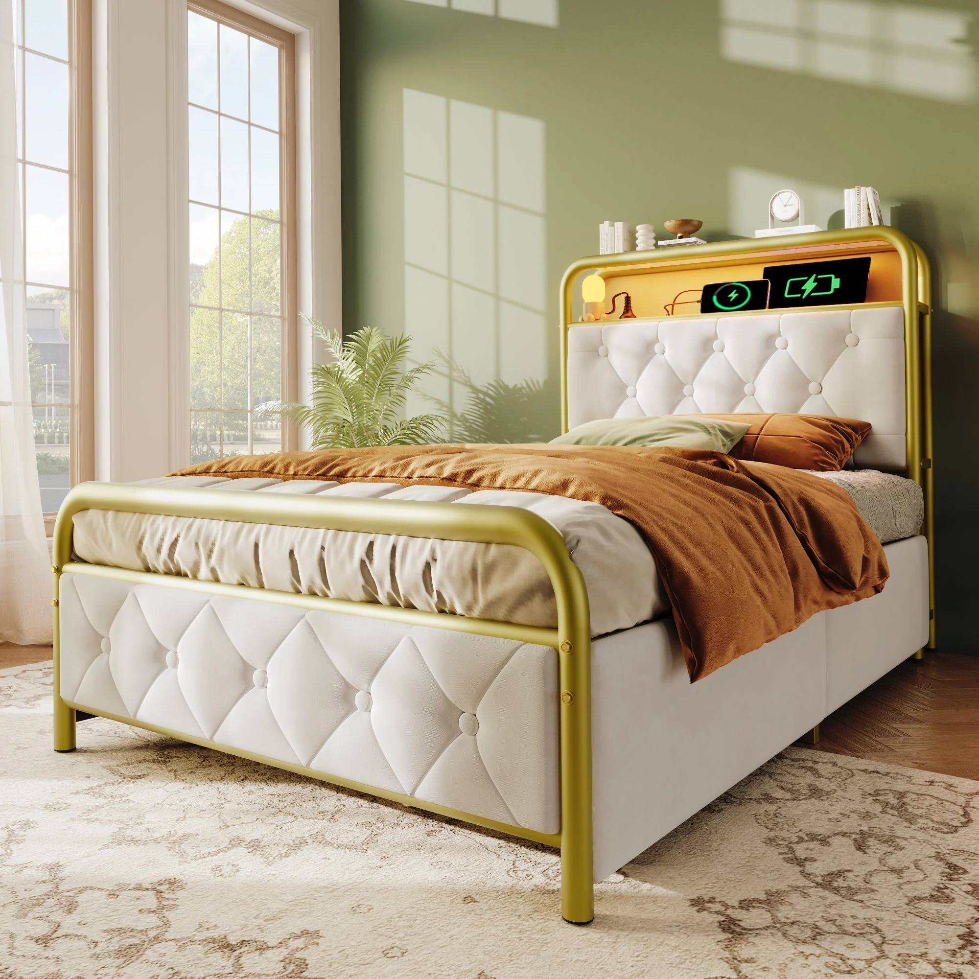 Upholstered Single Bed with USB Type C & LED, 90x200, 2 Drawers, Velvet - Image 9