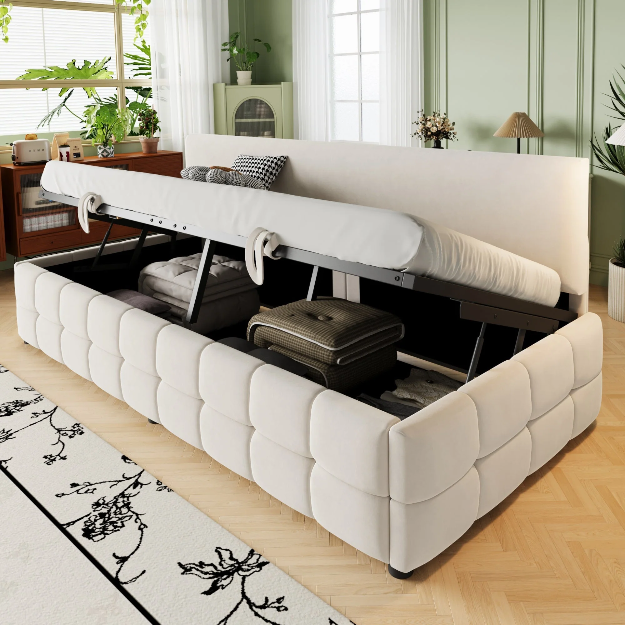 Upholstered Single Sofa Bed 90x200cm Hydraulic Storage Check Pattern - Beige Velvet