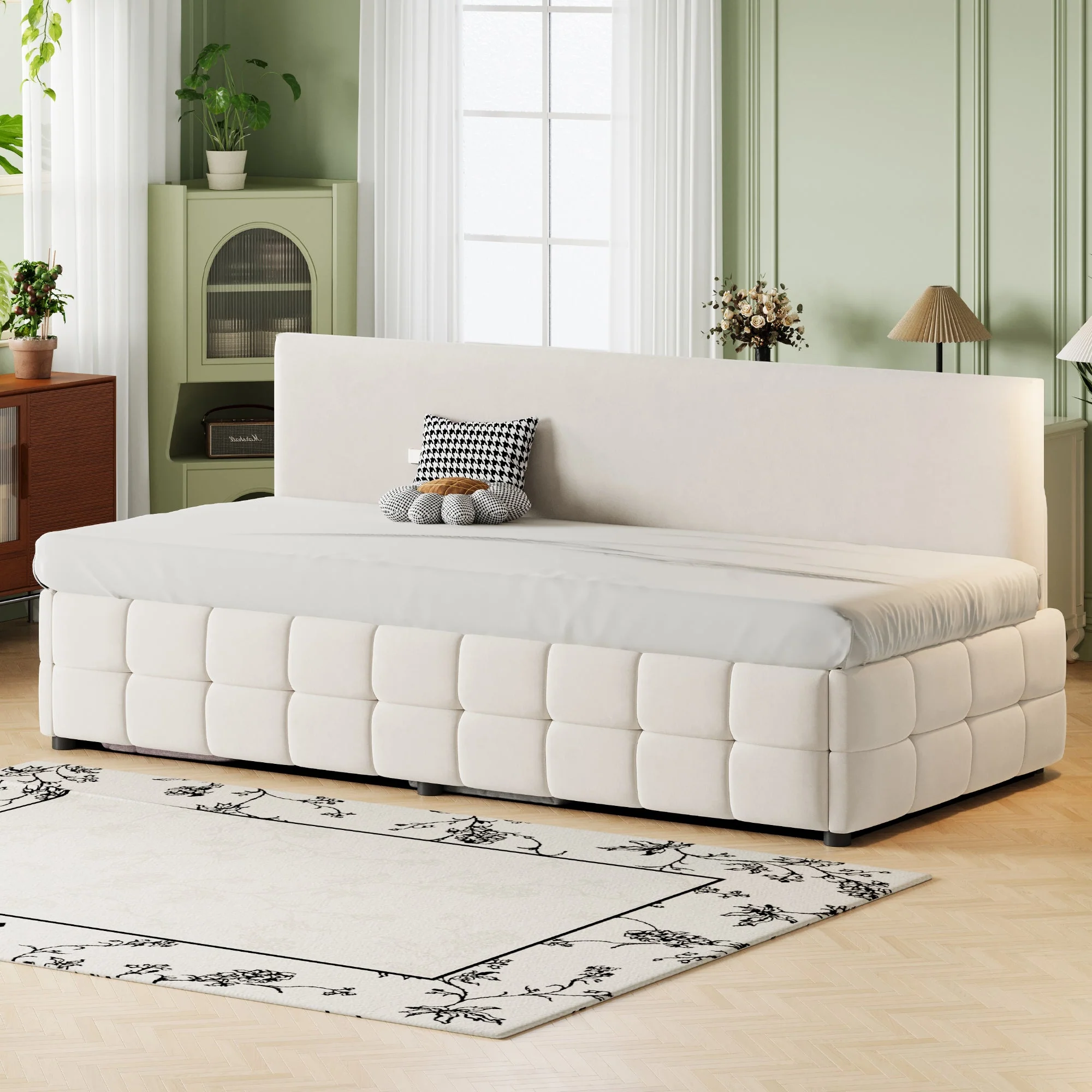 Upholstered Single Sofa Bed 90x200cm Hydraulic Storage Check Pattern - Beige Velvet - Image 2