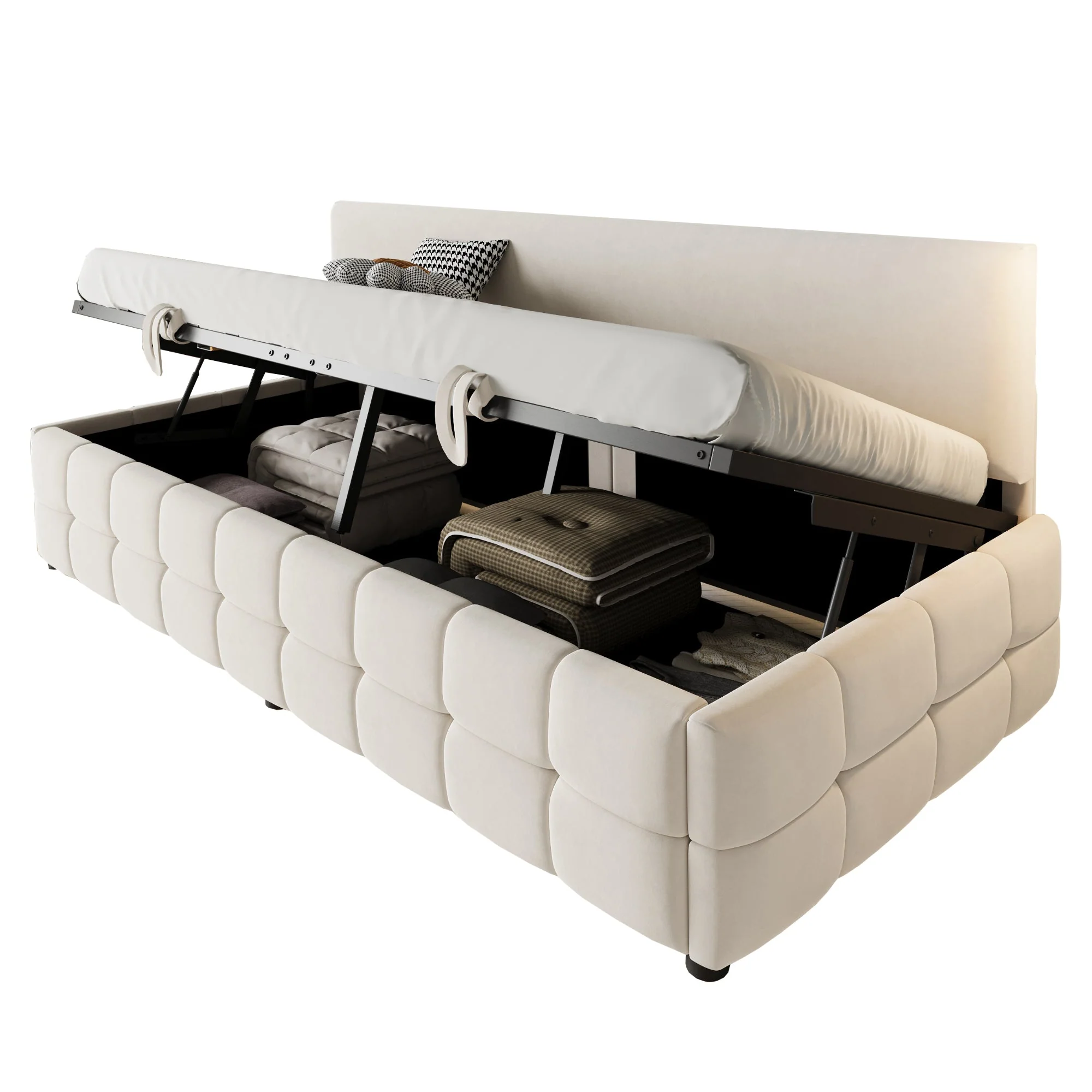 Upholstered Single Sofa Bed 90x200cm Hydraulic Storage Check Pattern - Beige Velvet - Image 7
