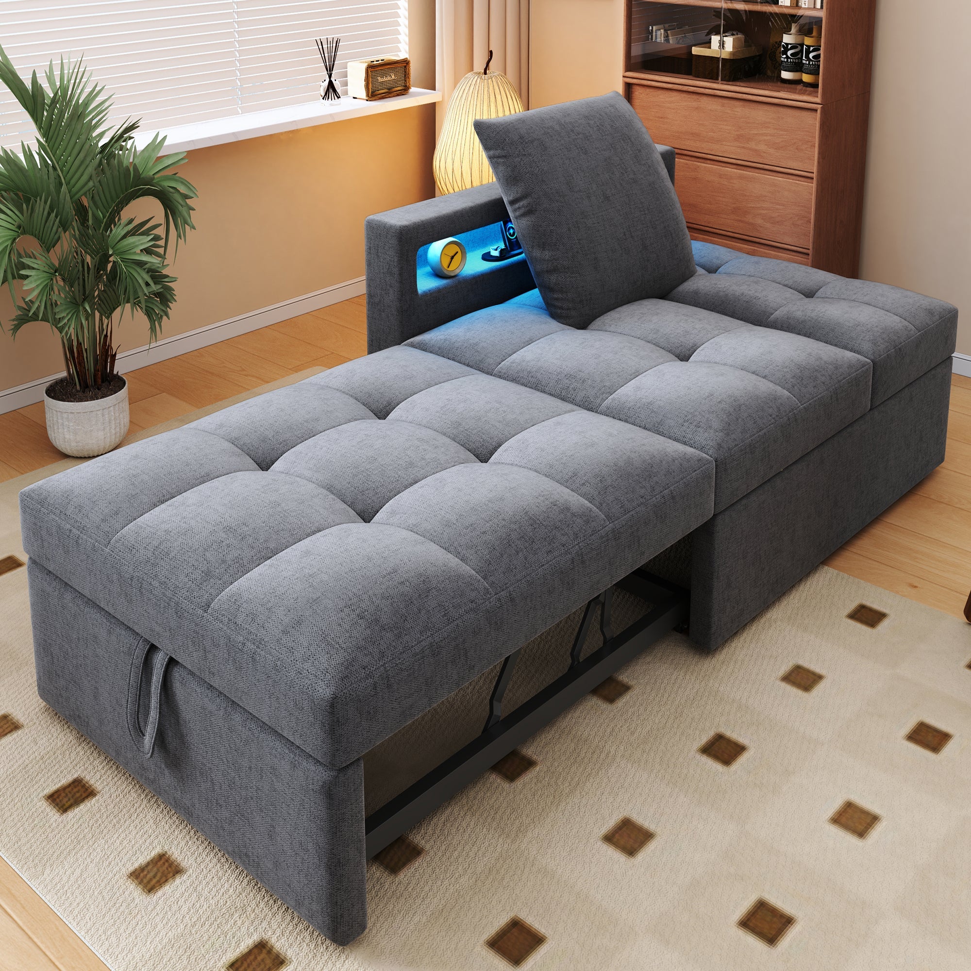 Upholstered Sleeper Sofa 3-in-1 Multifunctional Adjustable LED USB Ports Linen Fabric - Image 2