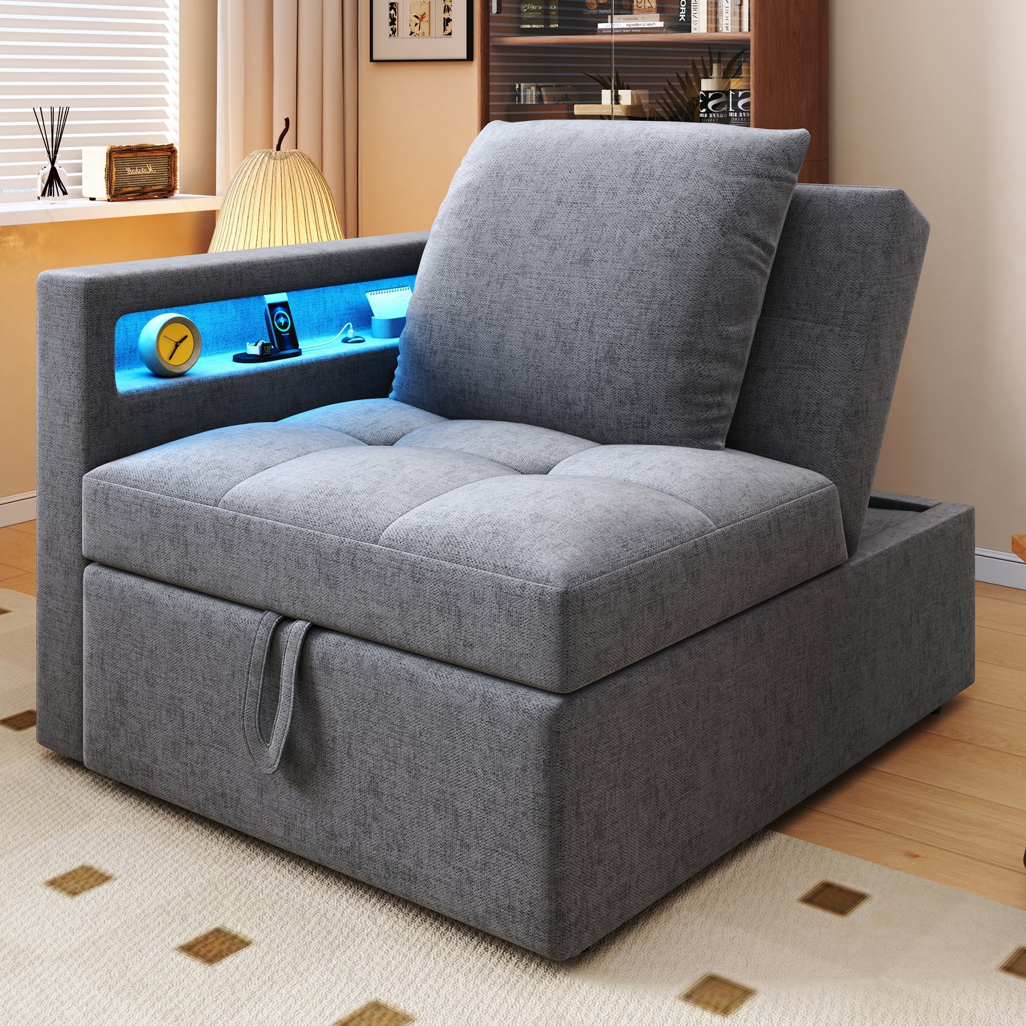 Upholstered Sleeper Sofa 3-in-1 Multifunctional Adjustable LED USB Ports Linen Fabric - Image 4