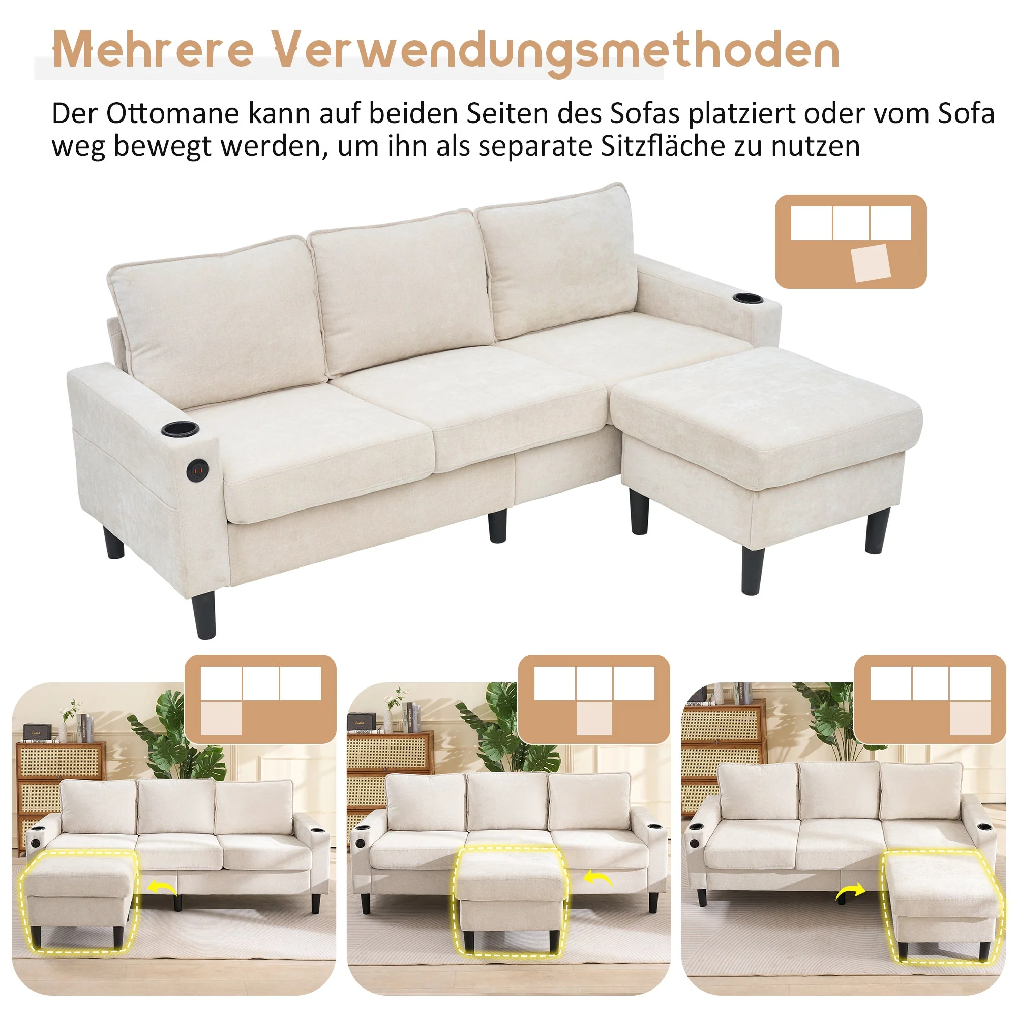Upholstered Sofa, 3-Seater L-Shaped Sofa Bed with USB & Type-C Ports & Cup Holders, Beige - Image 4