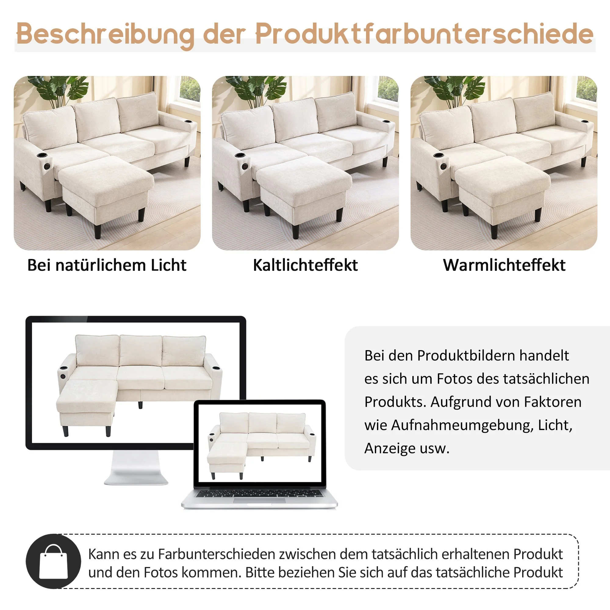Upholstered Sofa, 3-Seater L-Shaped Sofa Bed with USB & Type-C Ports & Cup Holders, Beige - Image 5